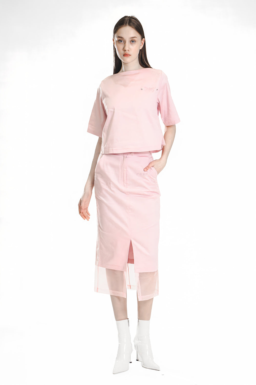 BRIGHT WHITE/EXTRAORDINARY PINK HEM PATCHWORK ORGANZA CROPPED T-SHIRT