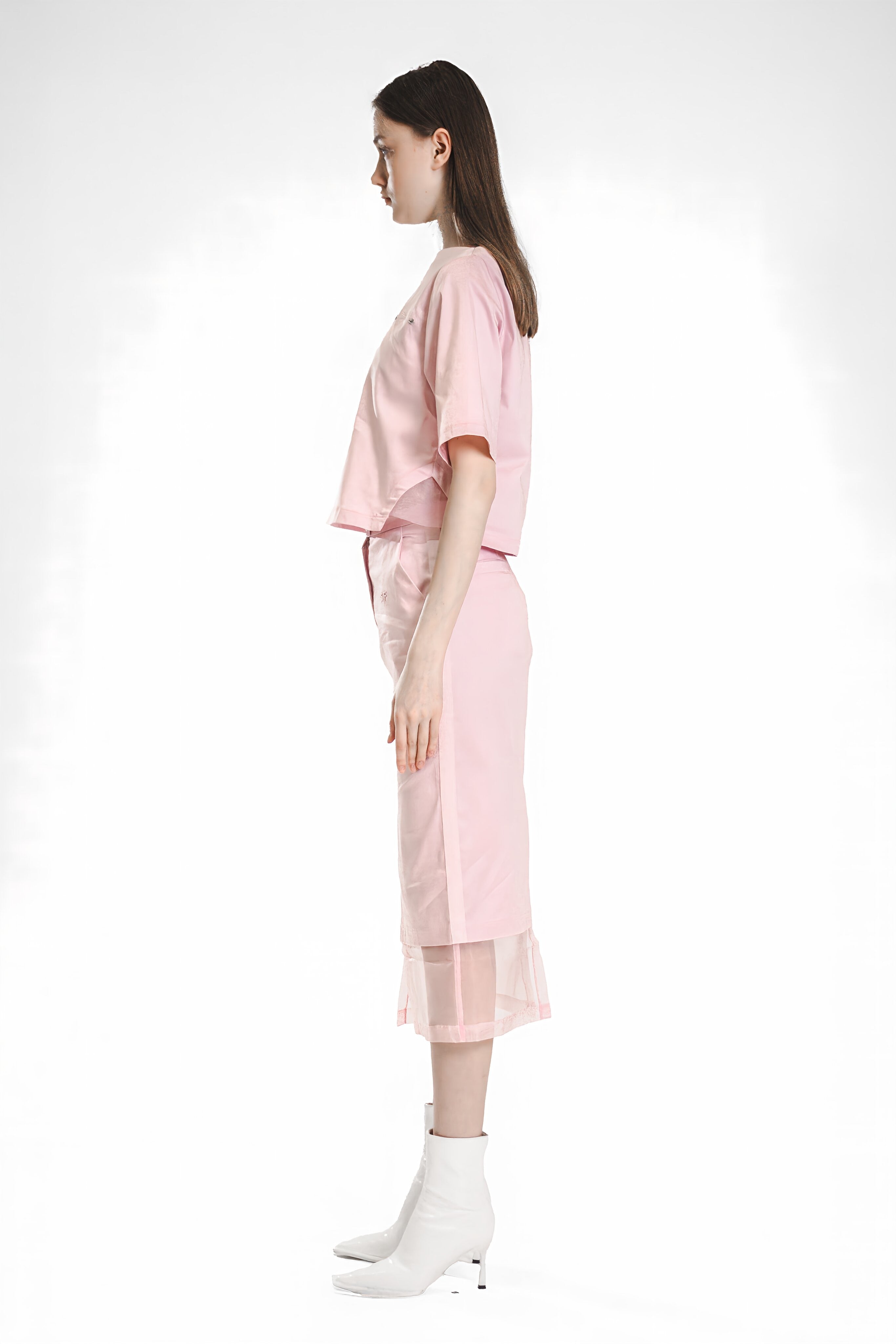 BRIGHT WHITE/EXTRAORDINARY PINK HEM PATCHWORK ORGANZA CROPPED T-SHIRT