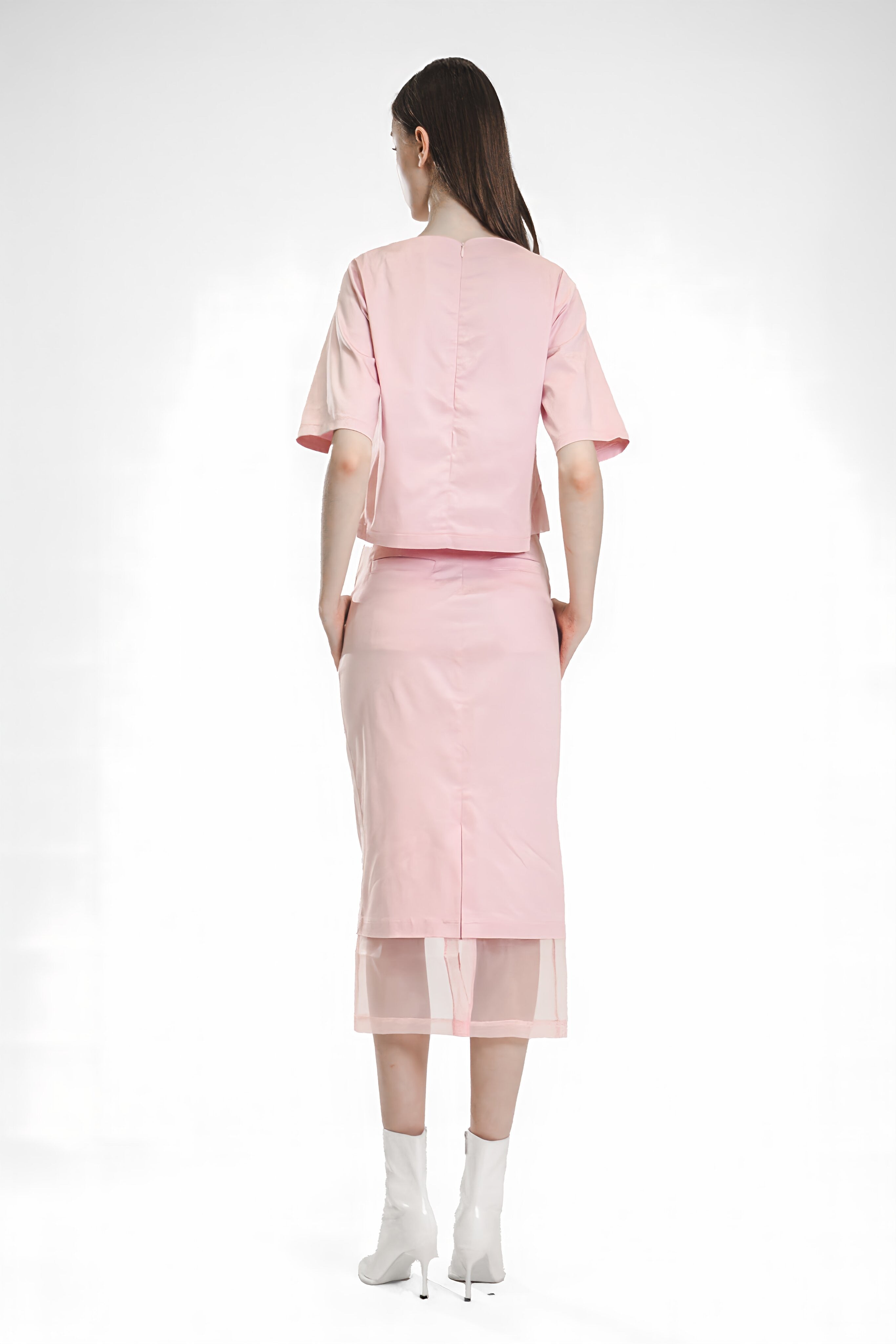 BRIGHT WHITE/EXTRAORDINARY PINK HEM PATCHWORK ORGANZA CROPPED T-SHIRT