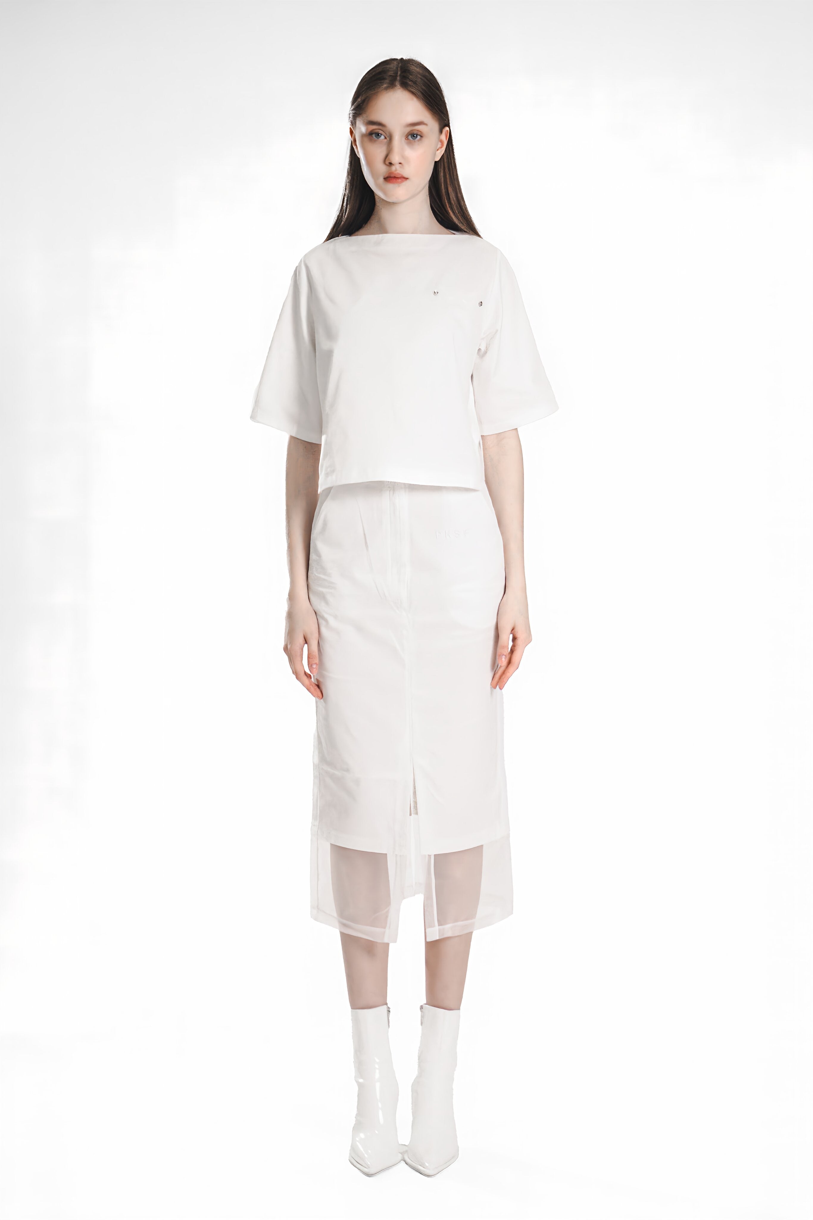 BRIGHT WHITE/EXTRAORDINARY PINK HEM PATCHWORK ORGANZA CROPPED T-SHIRT
