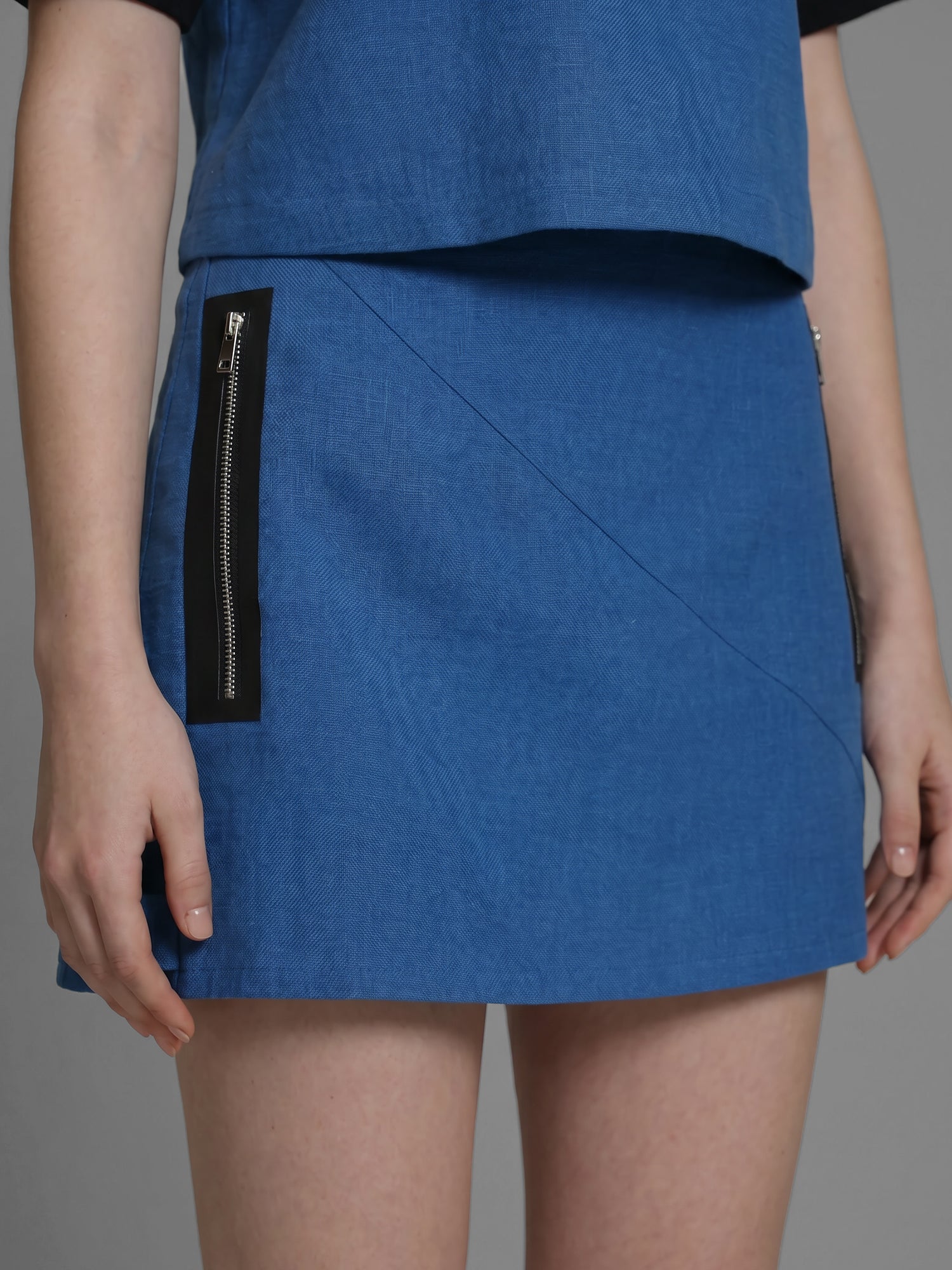 SAPPHIRE BLUE/MISTY ORCHID PINK LINEN A-LINE MINI SKIRT