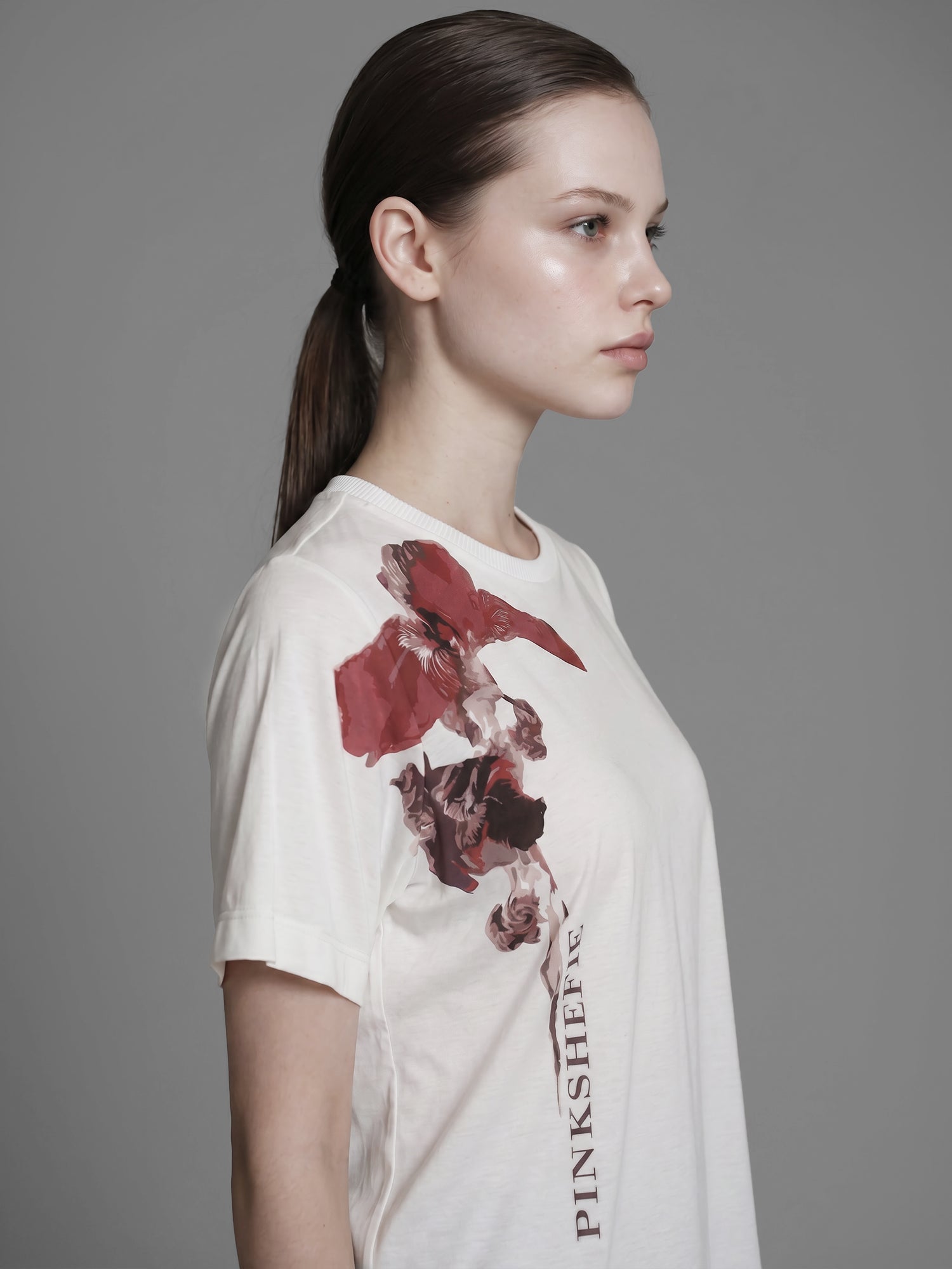 WARM ALMOND WHITE FLORAL PRINT LONGLINE T-SHIRT