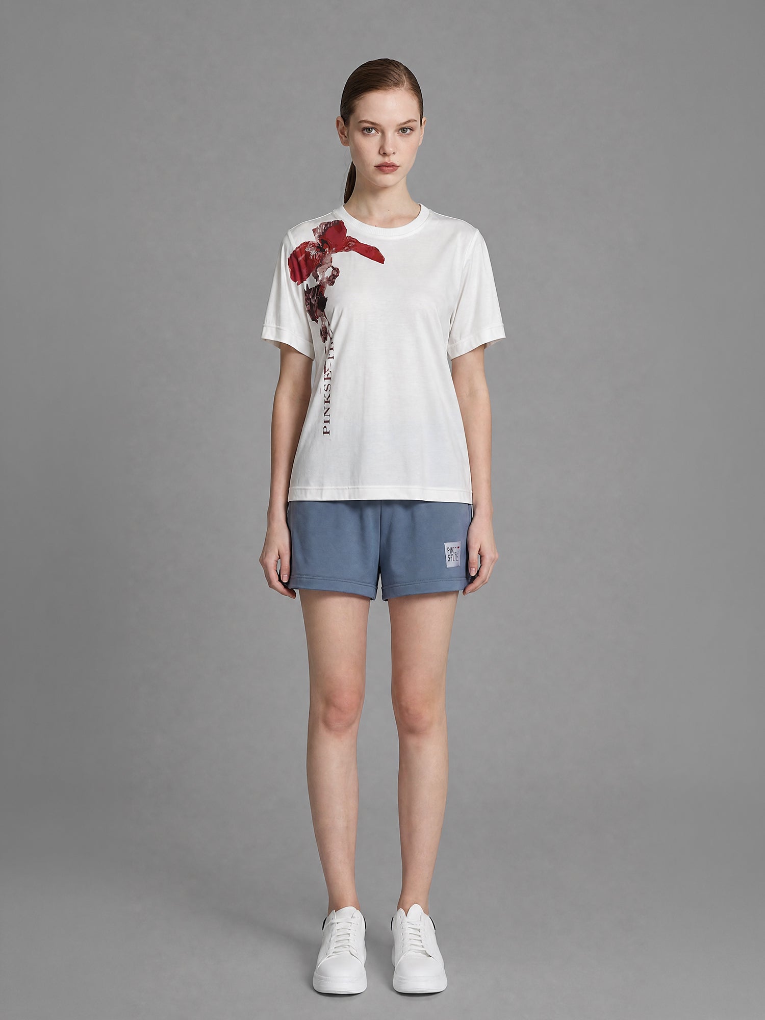 WARM ALMOND WHITE FLORAL PRINT LONGLINE T-SHIRT