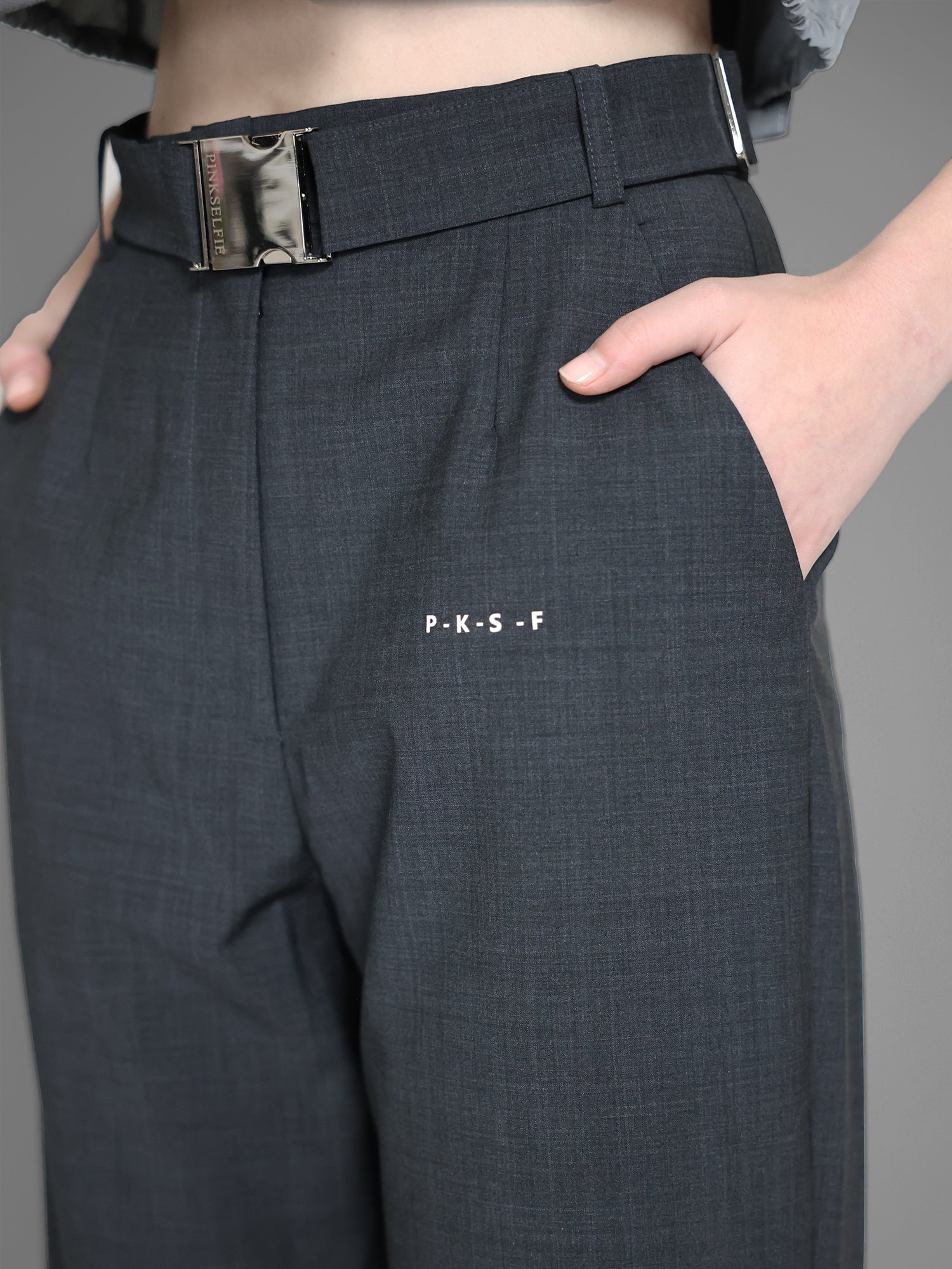 MIDNIGHT BLACK / COOL MIST GREY SUIT WAIST-BUCKLE STRAIGHT-LEG PANTS