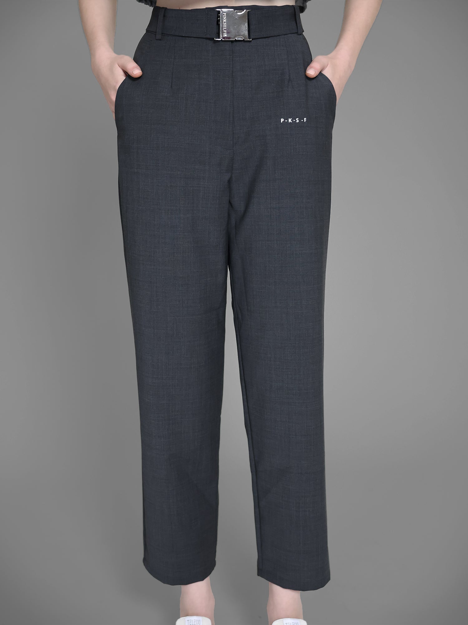 MIDNIGHT BLACK / COOL MIST GREY SUIT WAIST-BUCKLE STRAIGHT-LEG PANTS