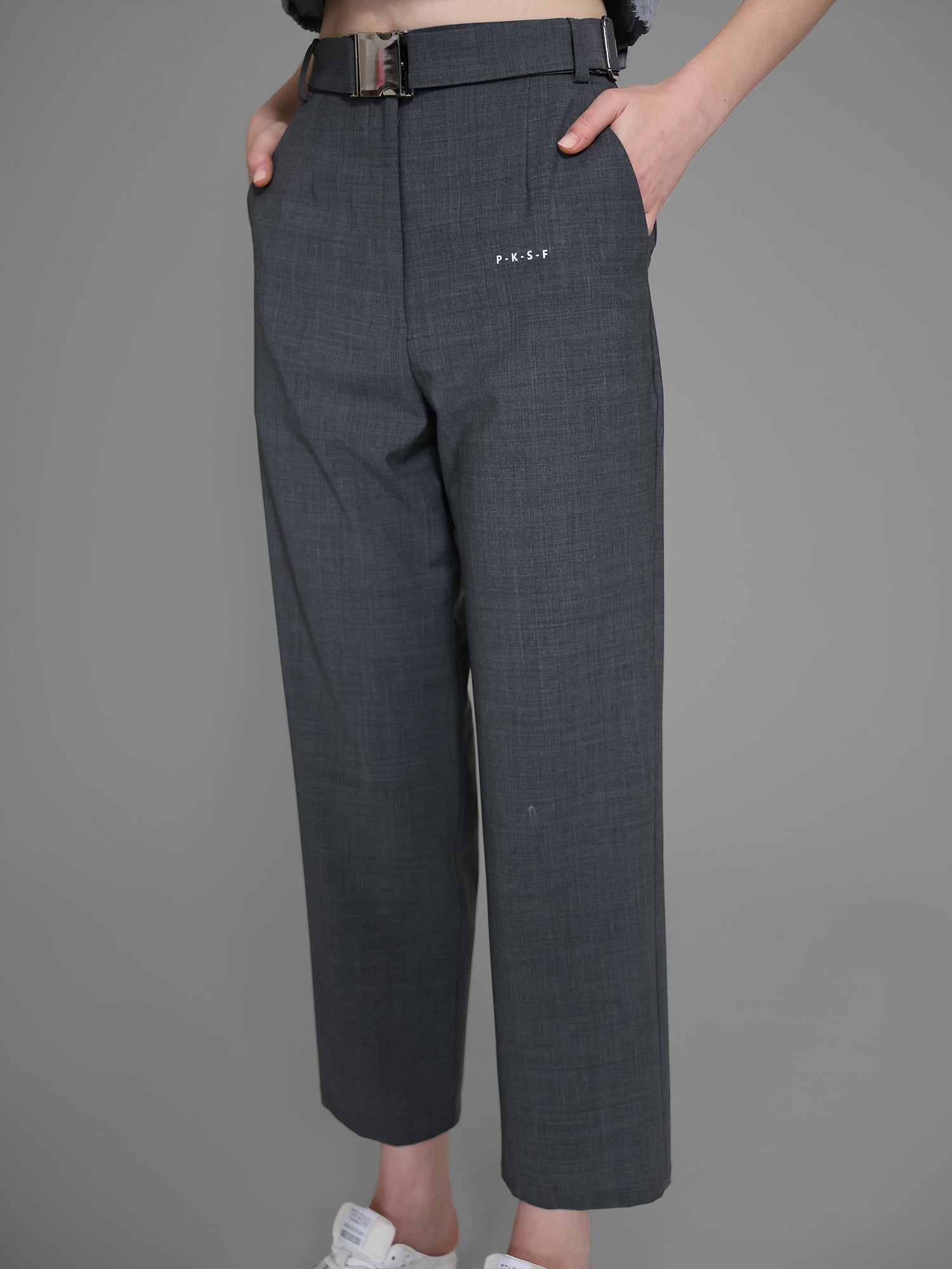 MIDNIGHT BLACK / COOL MIST GREY SUIT WAIST-BUCKLE STRAIGHT-LEG PANTS