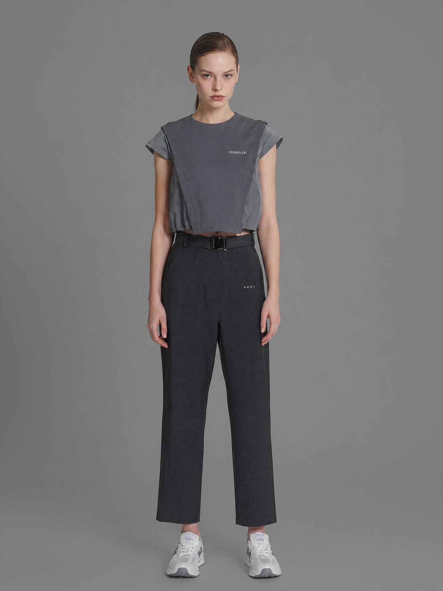MIDNIGHT BLACK / COOL MIST GREY SUIT WAIST-BUCKLE STRAIGHT-LEG PANTS