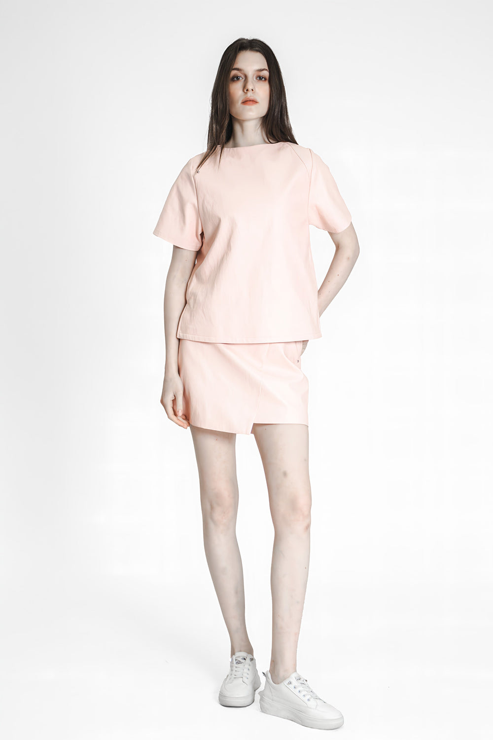 EXTRAORDINARY PINK/MOONLIGHT GREY FITTED LEATHER SKIRT