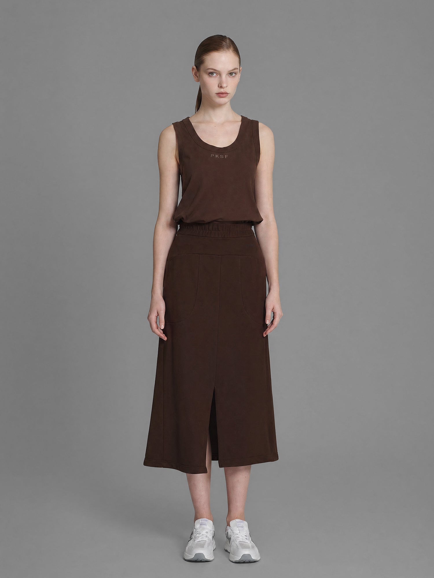 COOL MIST GREY / WARM TAUPE SWEATSHIRT CASUAL MIDI SKIRT