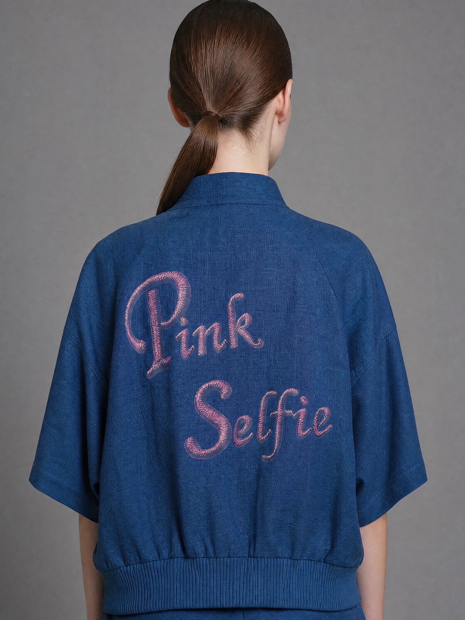 SAPPHIRE BLUE/MISTY ORCHID PINK LINEN CASUAL LOOSE-FIT HALF-SLEEVE JACKET