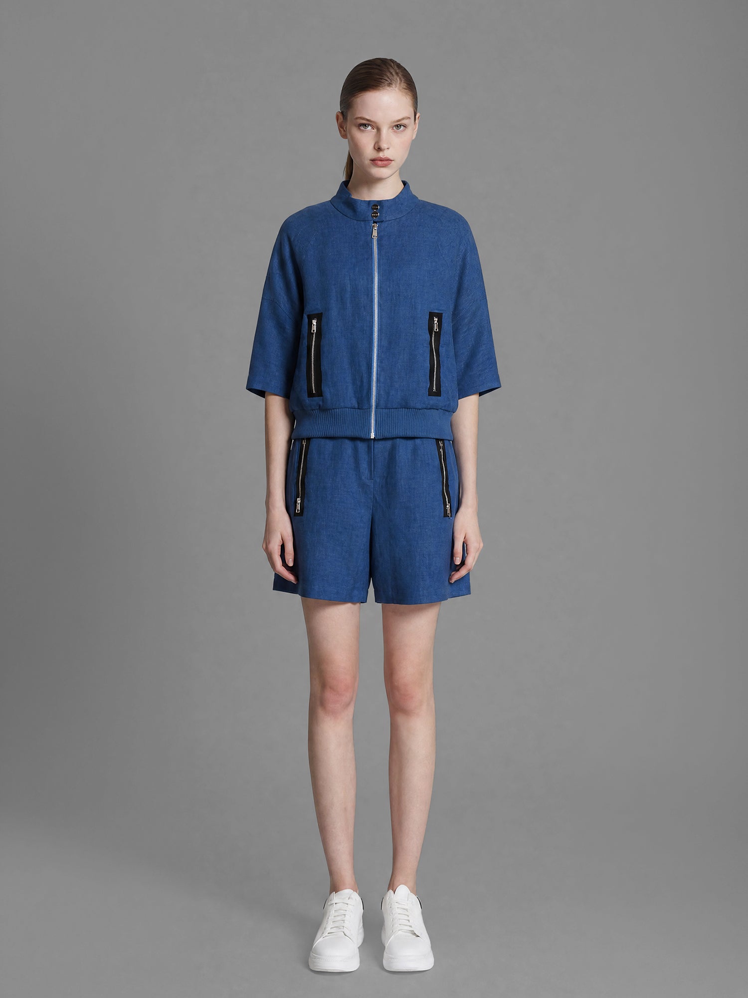 SAPPHIRE BLUE/MISTY ORCHID PINK LINEN CASUAL LOOSE-FIT HALF-SLEEVE JACKET