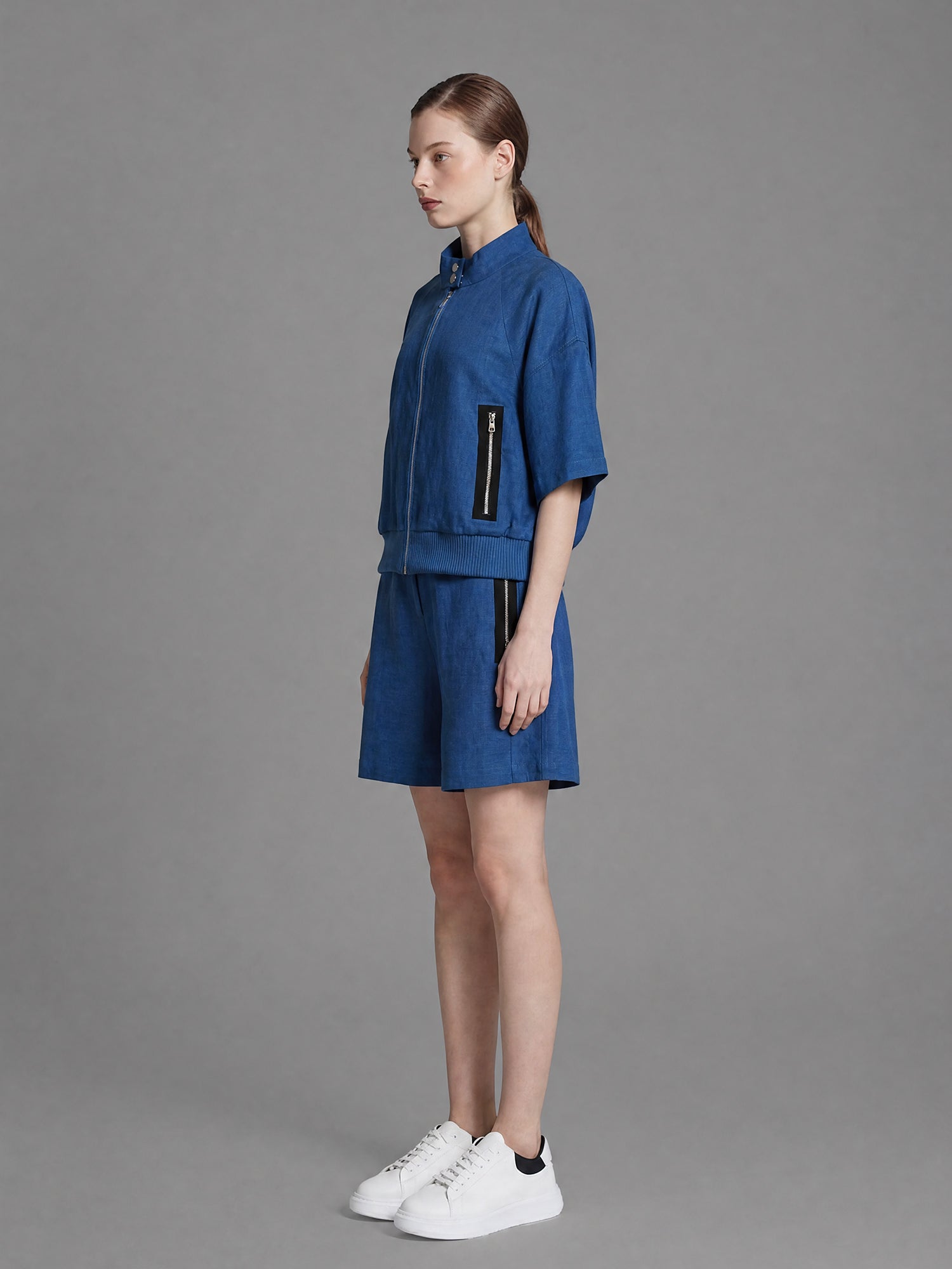 SAPPHIRE BLUE/MISTY ORCHID PINK LINEN CASUAL LOOSE-FIT HALF-SLEEVE JACKET