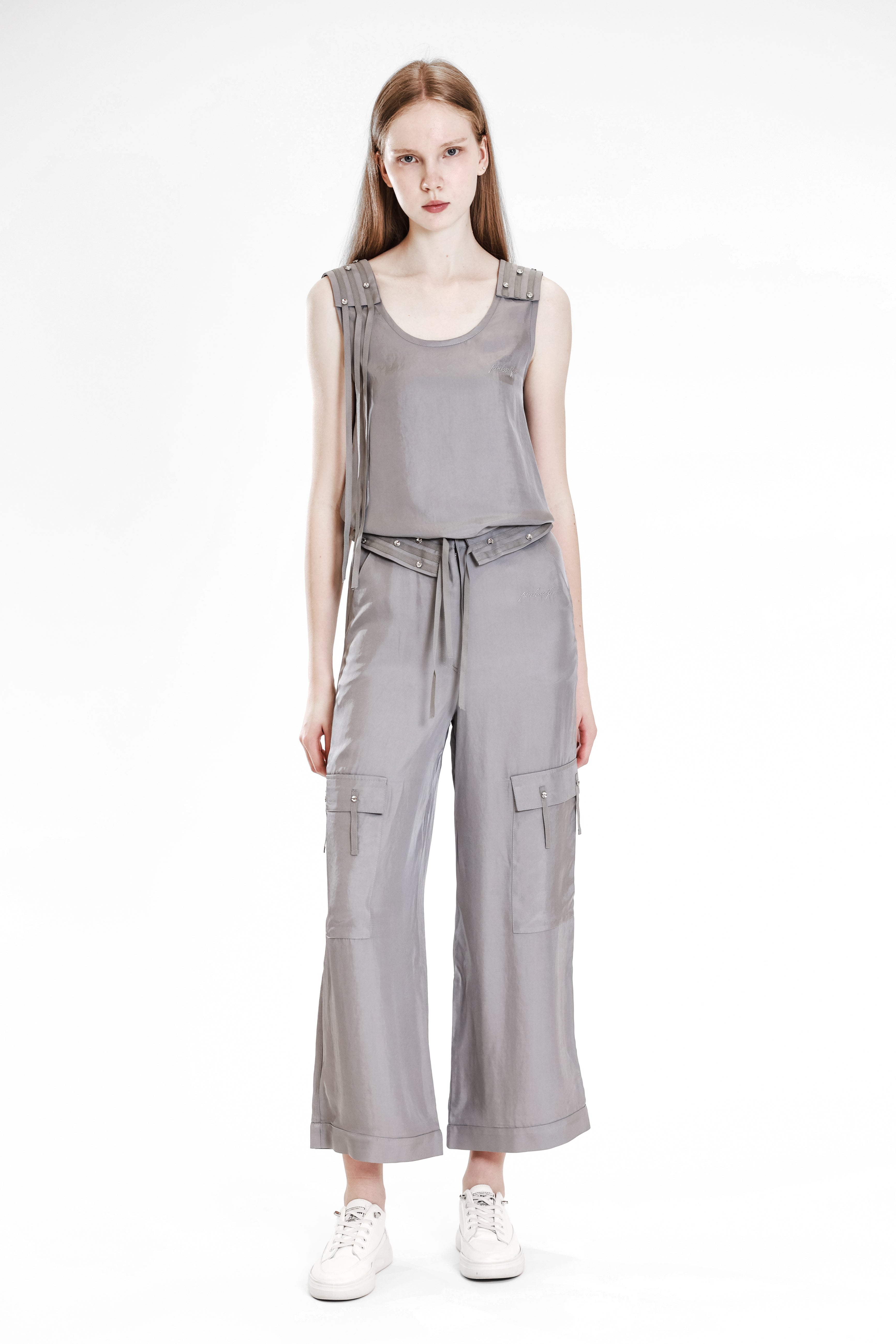 GRAY TRENCH-STYLE LINEN BLEND FLAP CASUAL PANTS