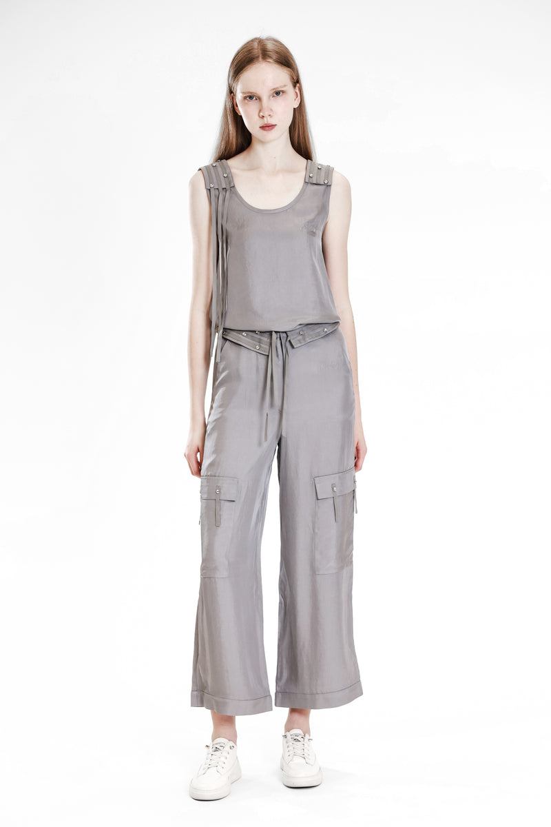GRAY TRENCH-STYLE LINEN BLEND FLAP CASUAL PANTS