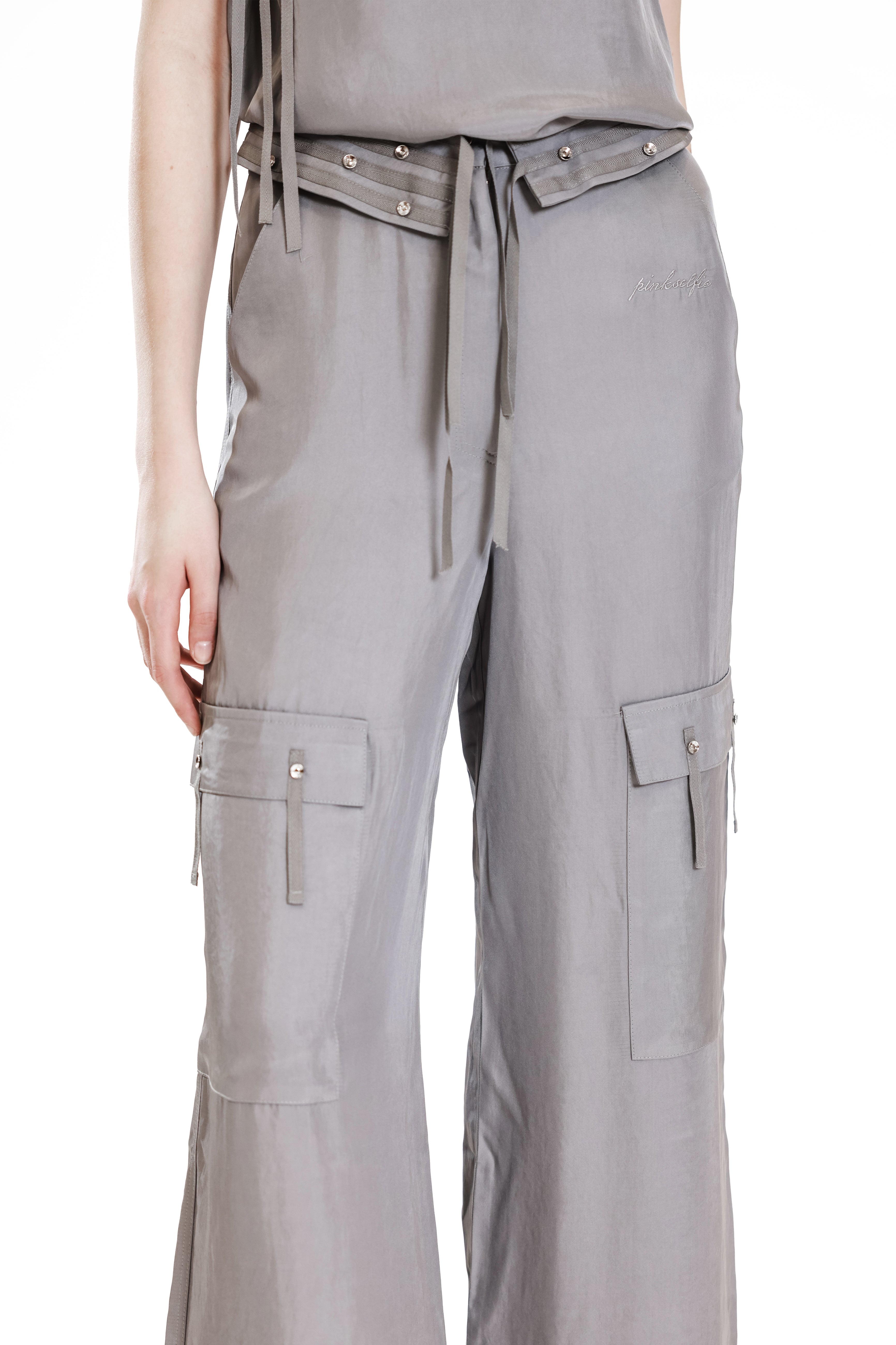 GRAY TRENCH-STYLE LINEN BLEND FLAP CASUAL PANTS