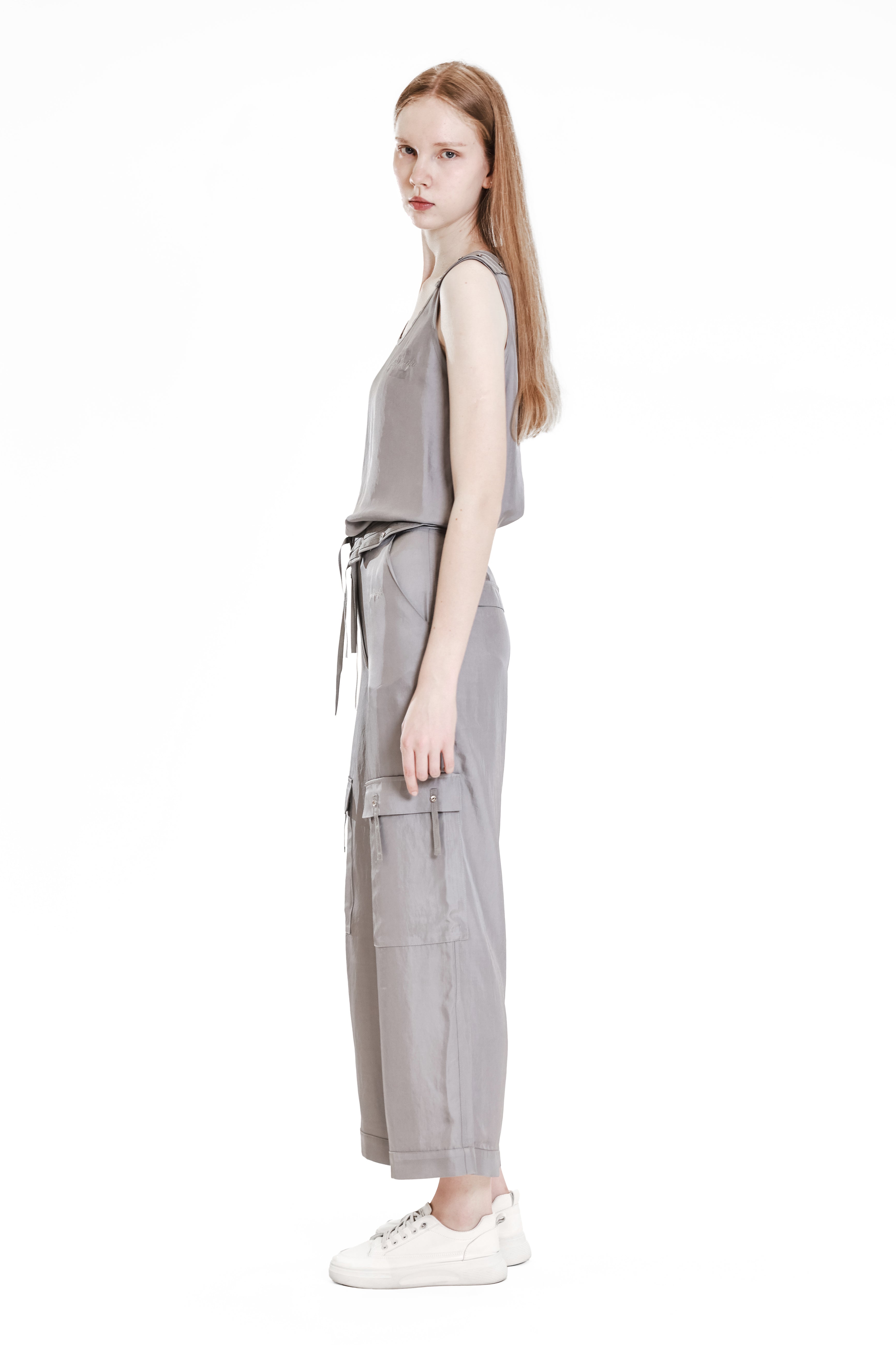 GRAY TRENCH-STYLE LINEN BLEND FLAP CASUAL PANTS