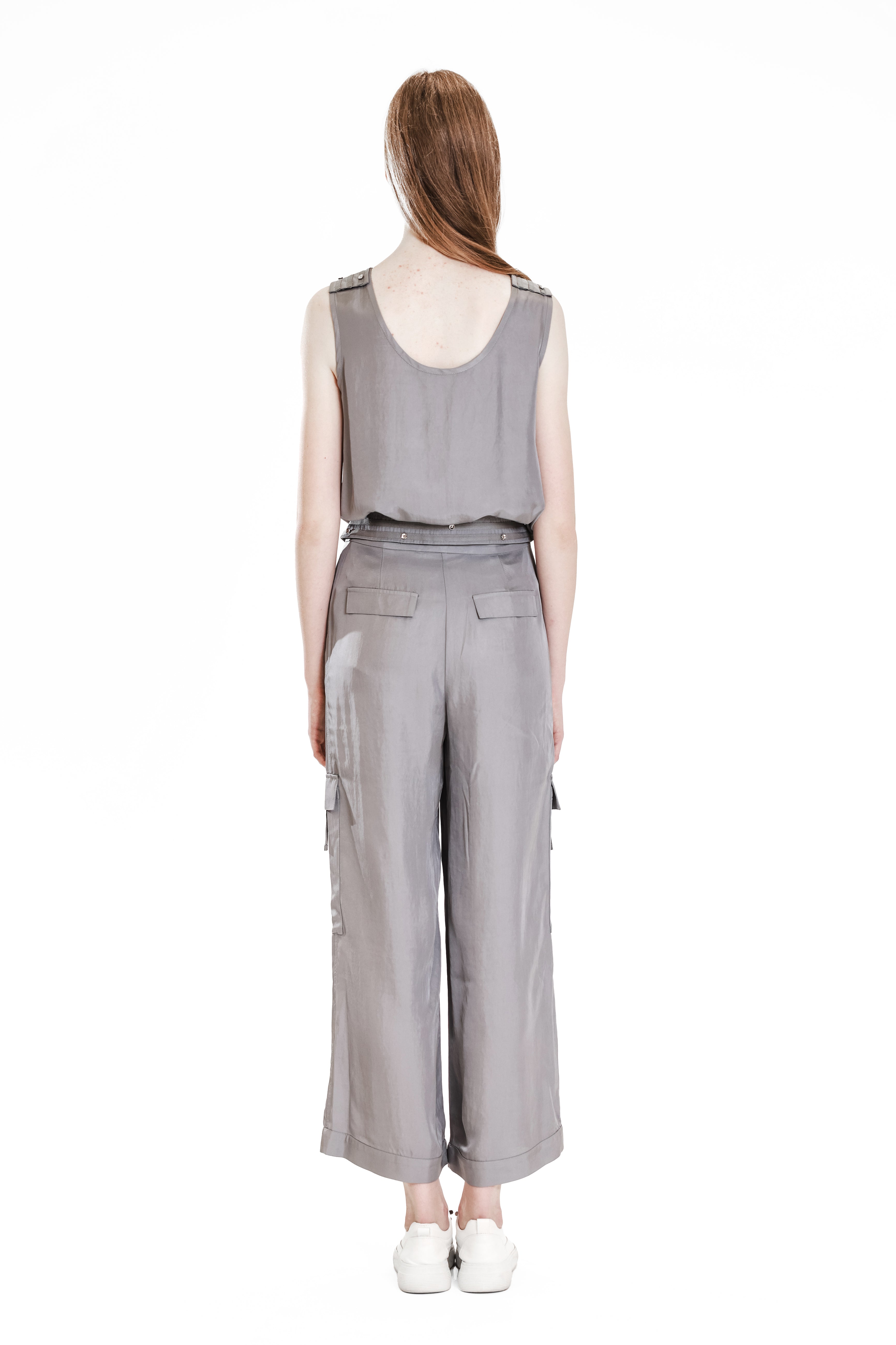 GRAY TRENCH-STYLE LINEN BLEND FLAP CASUAL PANTS
