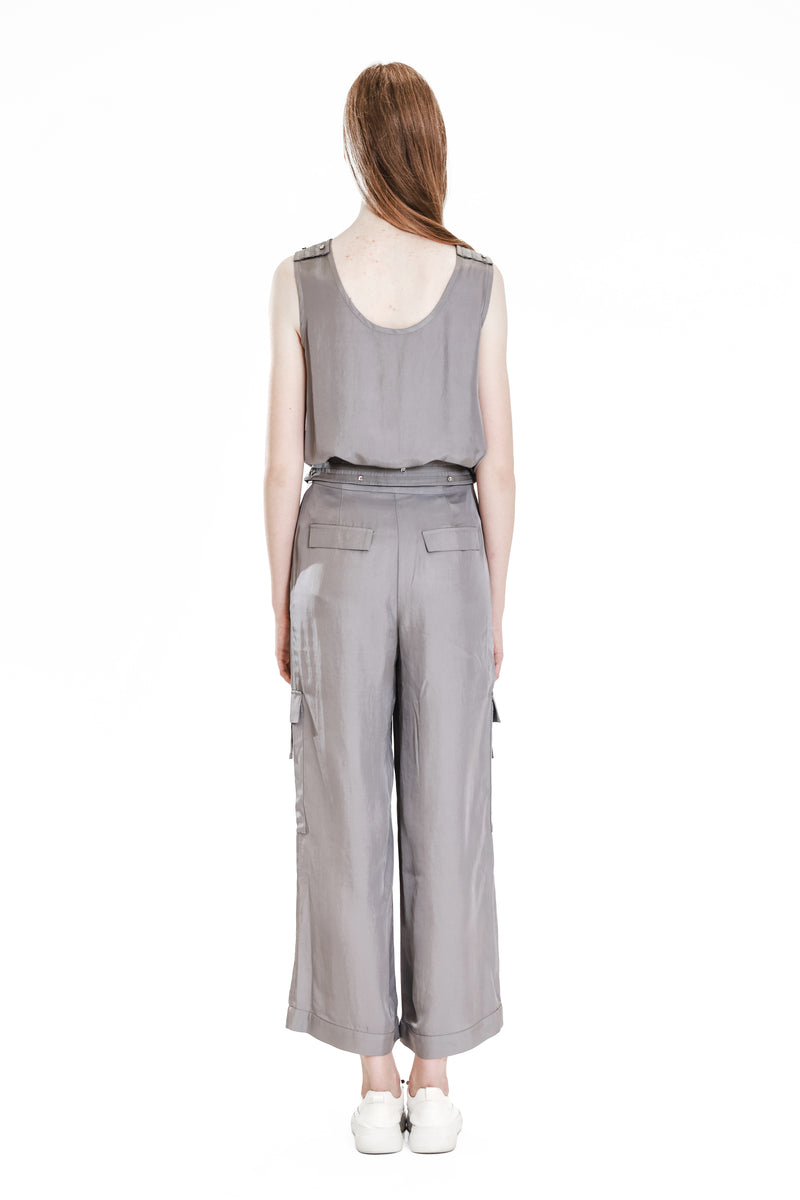 GRAY TRENCH-STYLE LINEN BLEND FLAP CASUAL PANTS