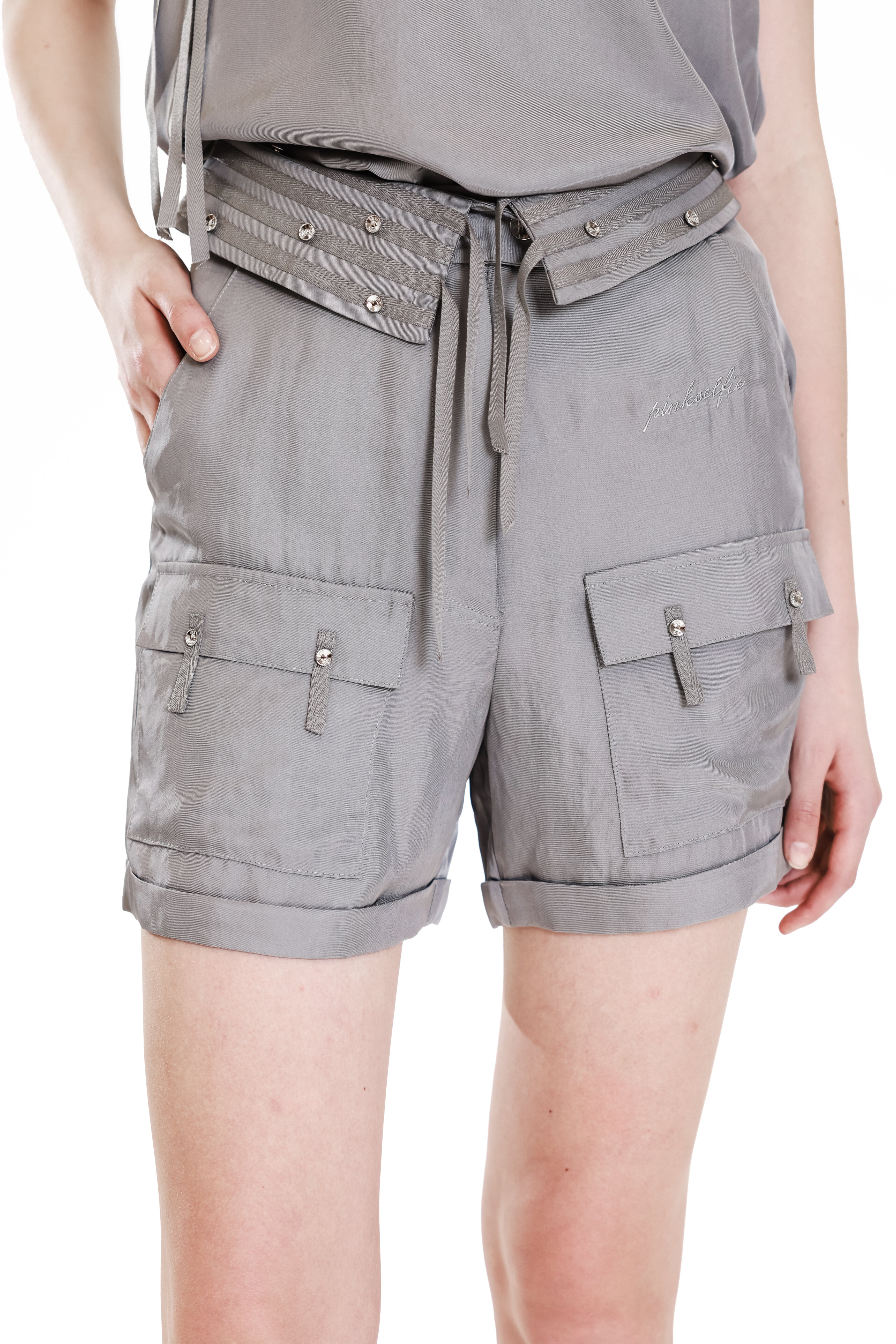 GRAY TRENCH-STYLE LINEN BLEND FLAP CASUAL SHORTS