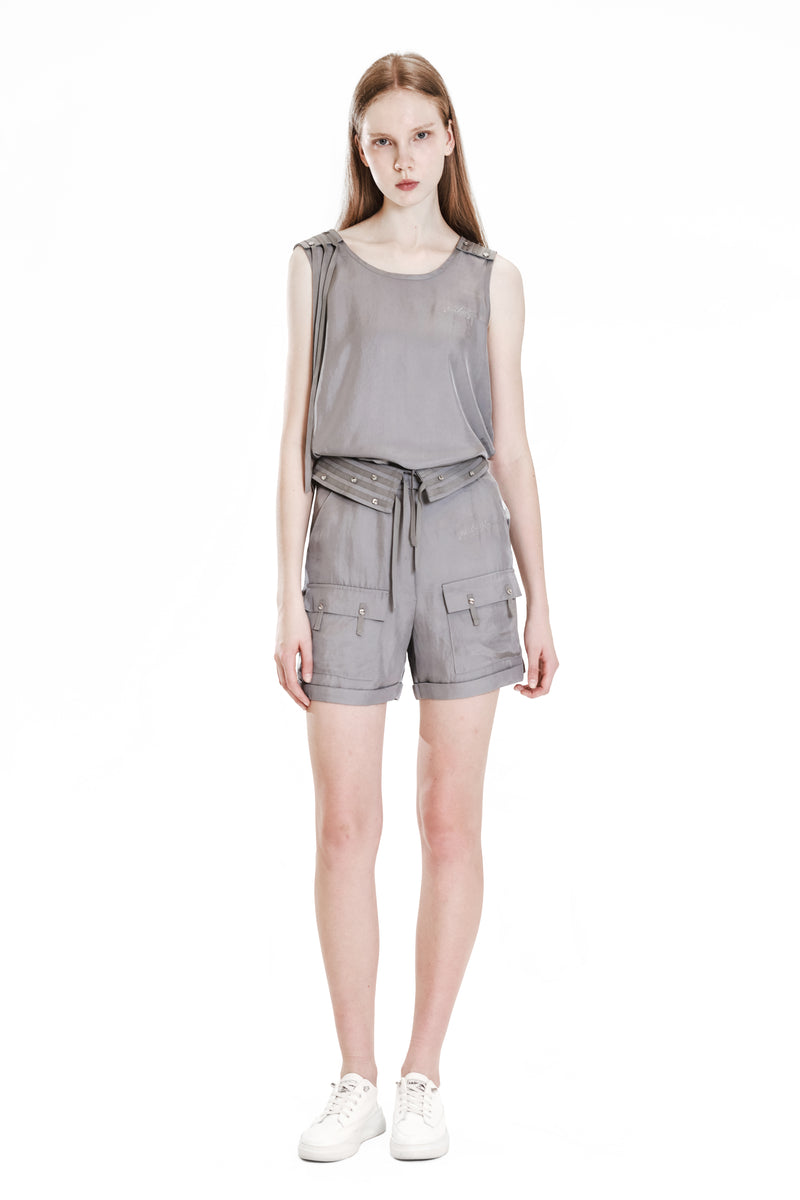 GRAY TRENCH-STYLE LINEN BLEND FLAP CASUAL SHORTS