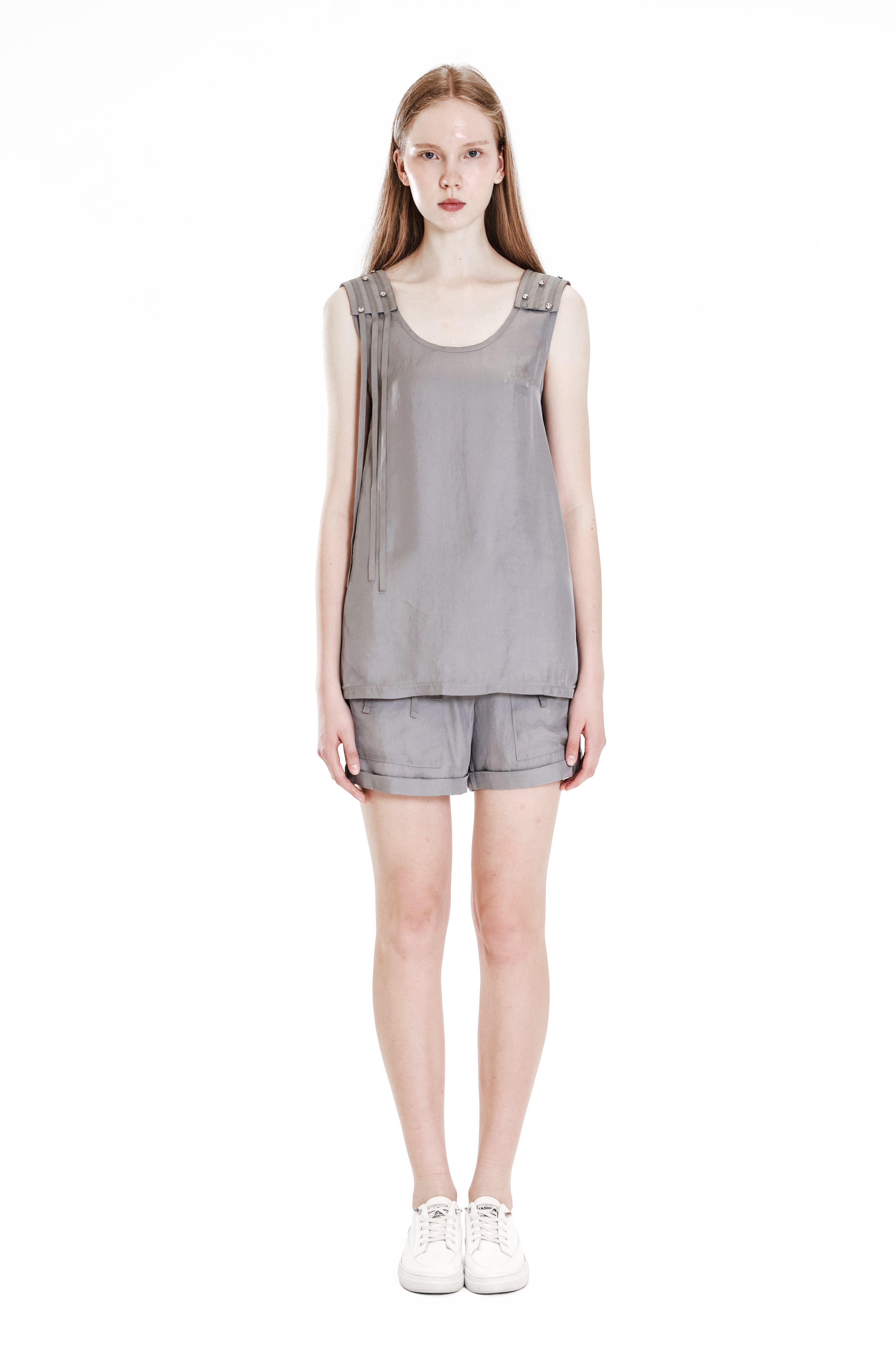 GRAY TRENCH-STYLE LINEN BLEND FLAP CASUAL SHORTS