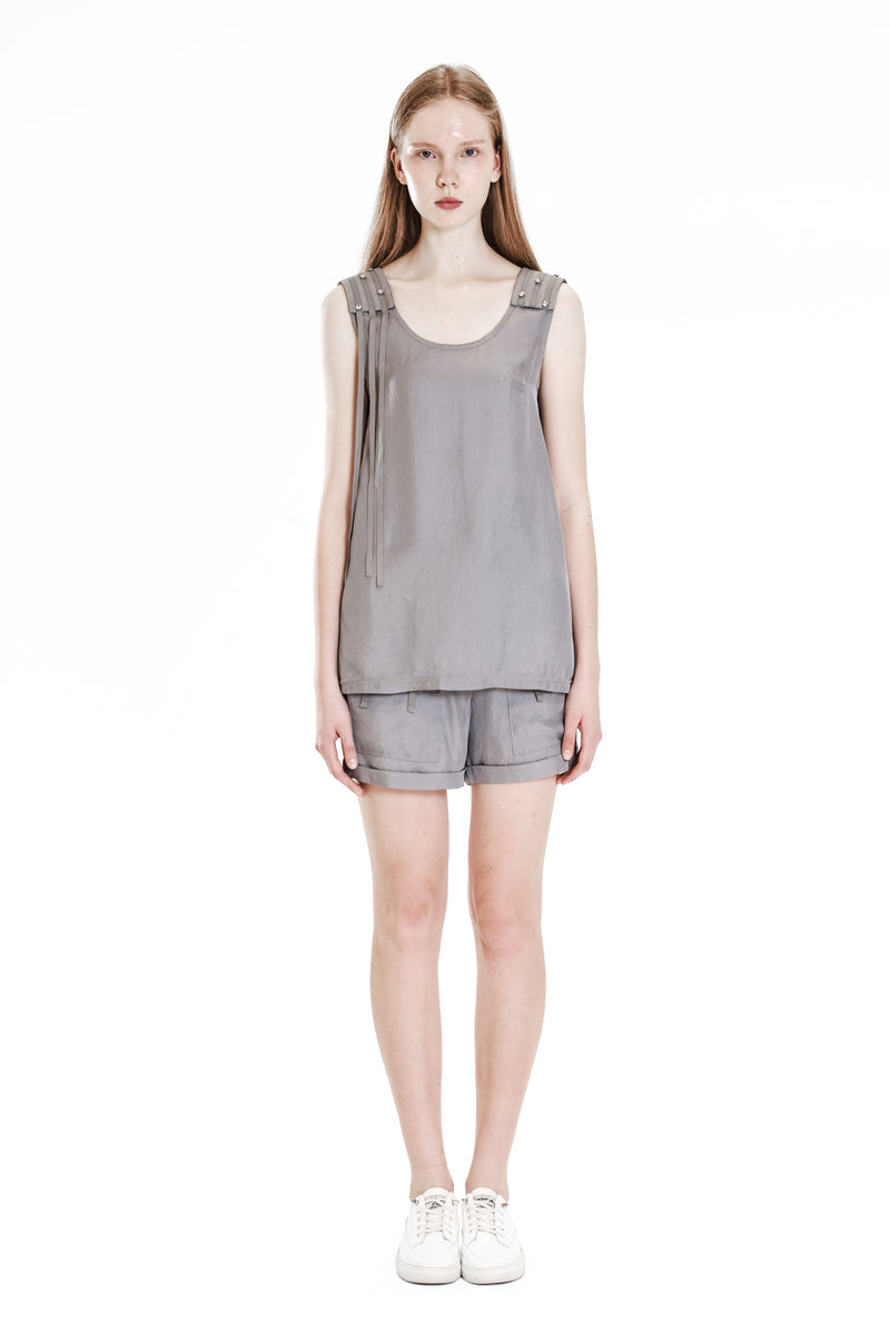 GRAY TRENCH-STYLE LINEN BLEND FLAP CASUAL SHORTS