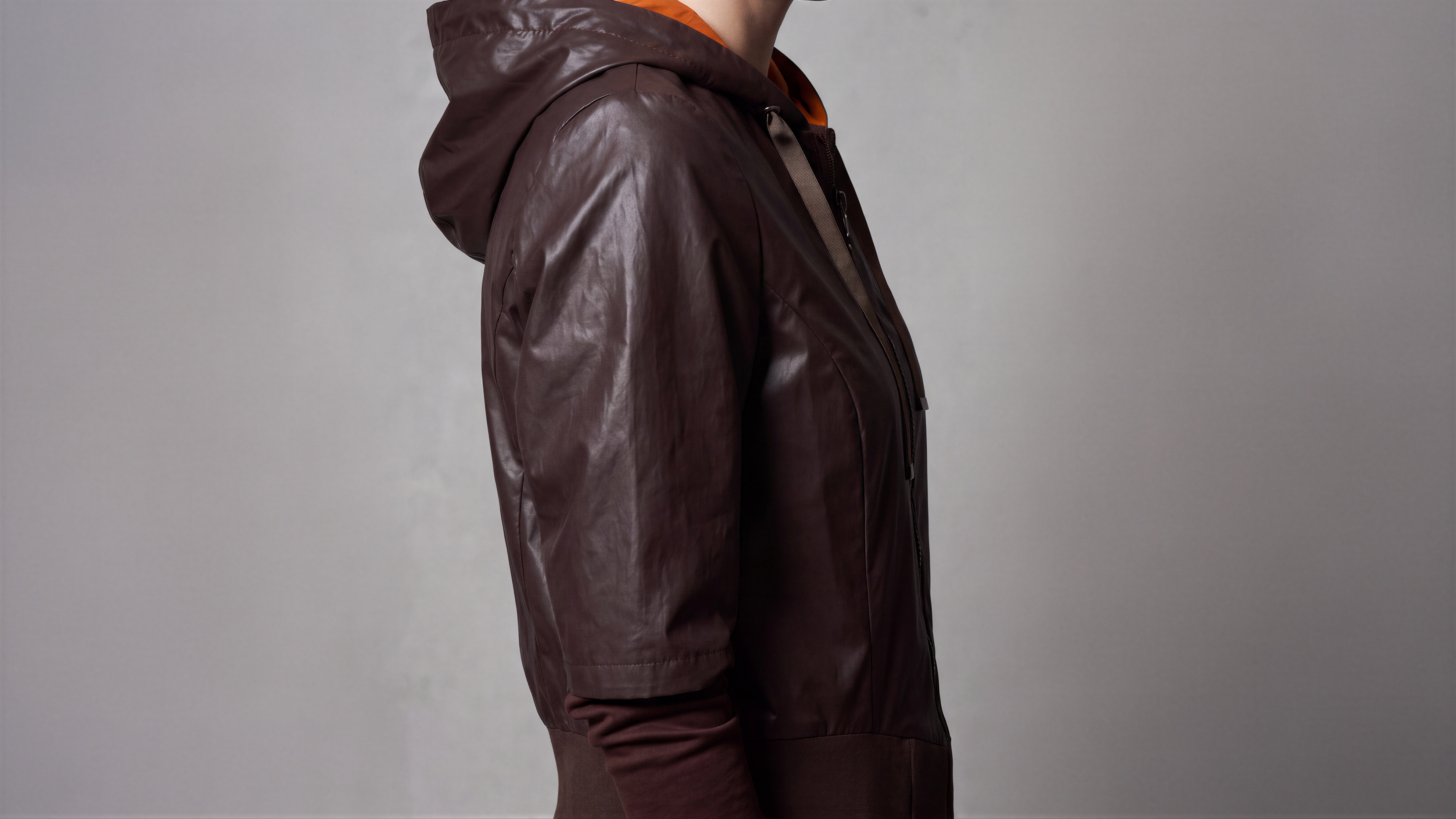 COCOA RED BROWN / MISTY BLACK 3/4-SLEEVE HOODED TRENCH COAT