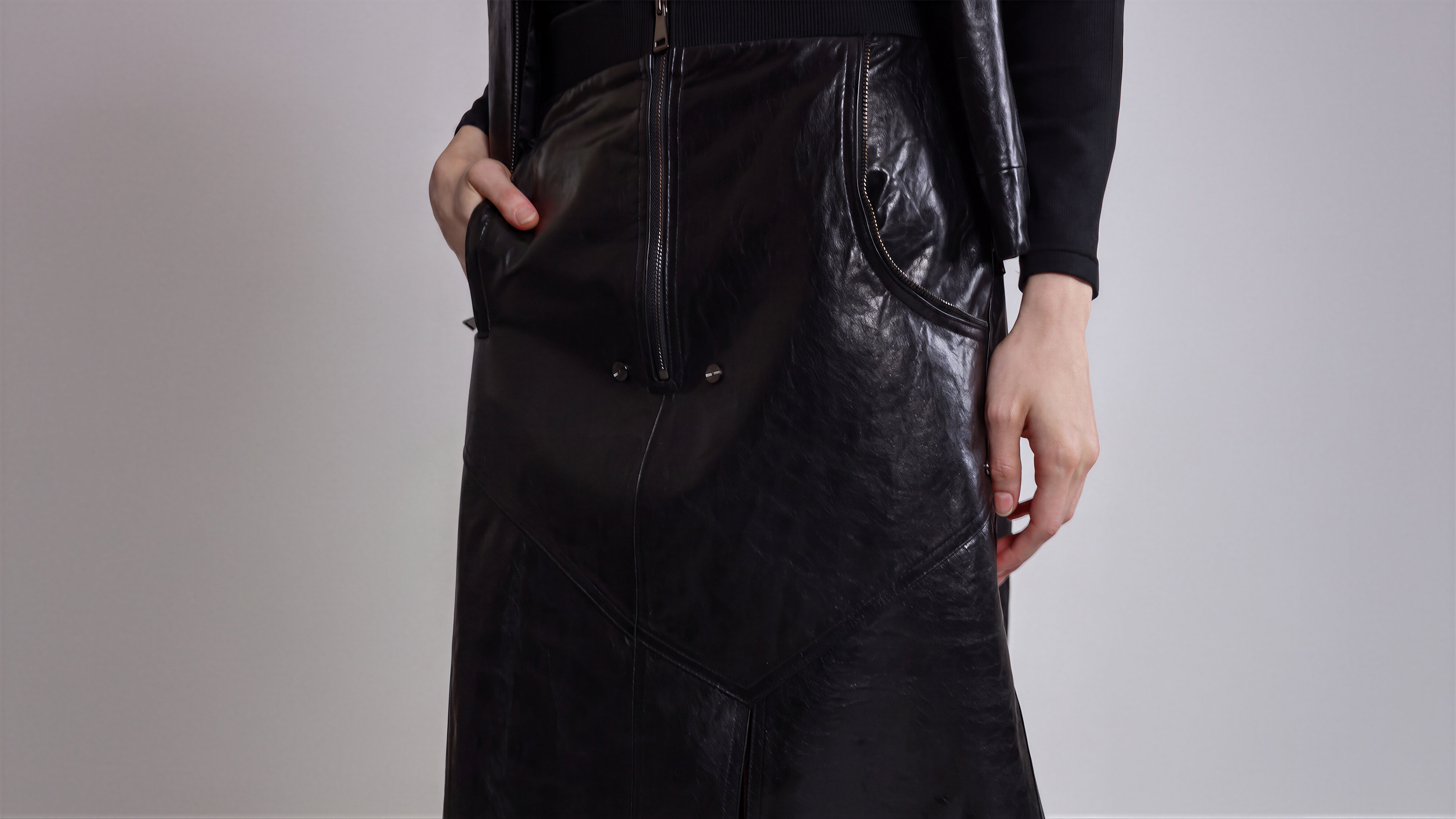 CLASSIC BLACK / DARK CHOCOLATE BROWN LEATHER A-LINE MAXI SKIRT