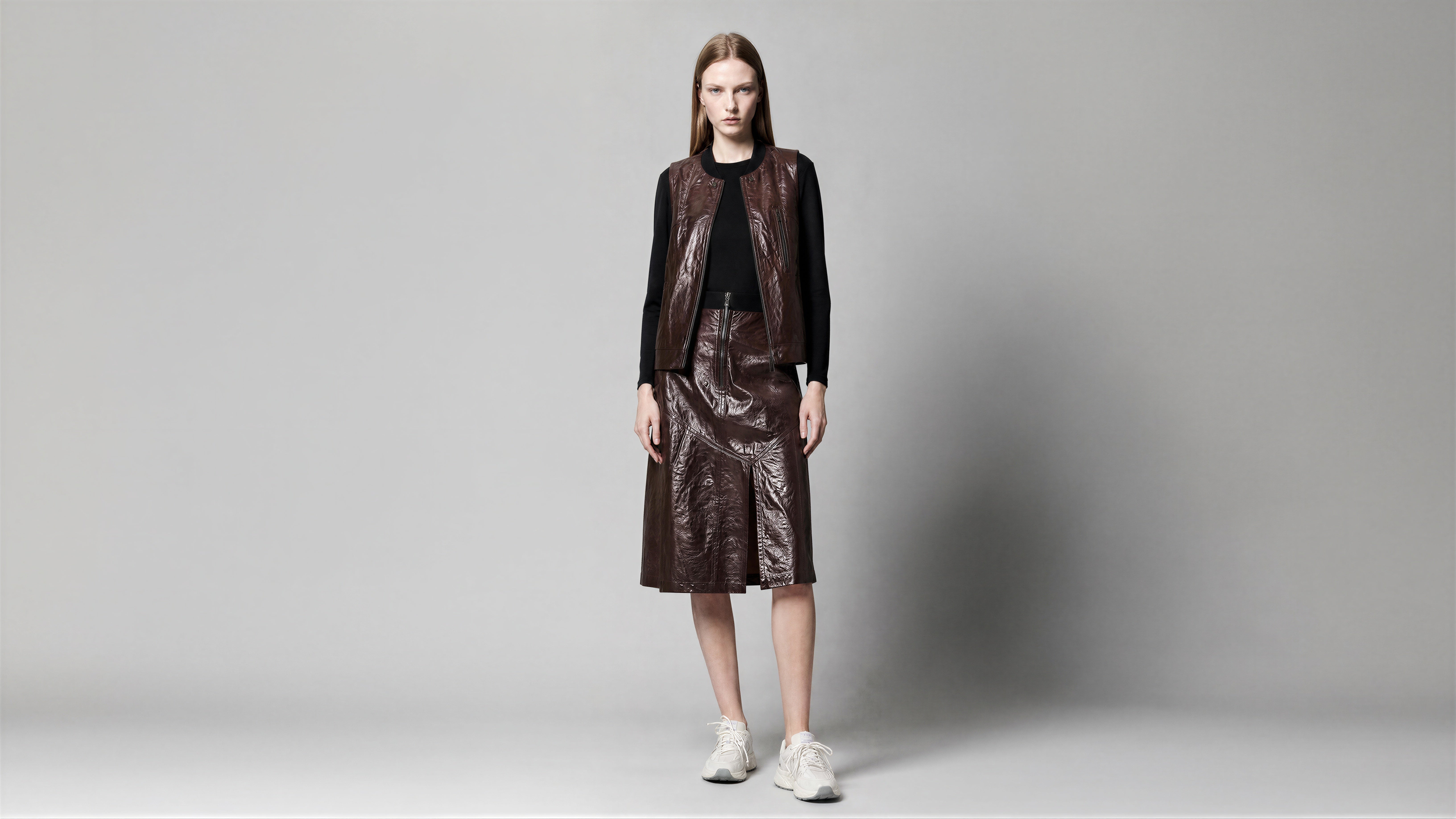 CLASSIC BLACK / DARK CHOCOLATE BROWN LEATHER A-LINE MAXI SKIRT