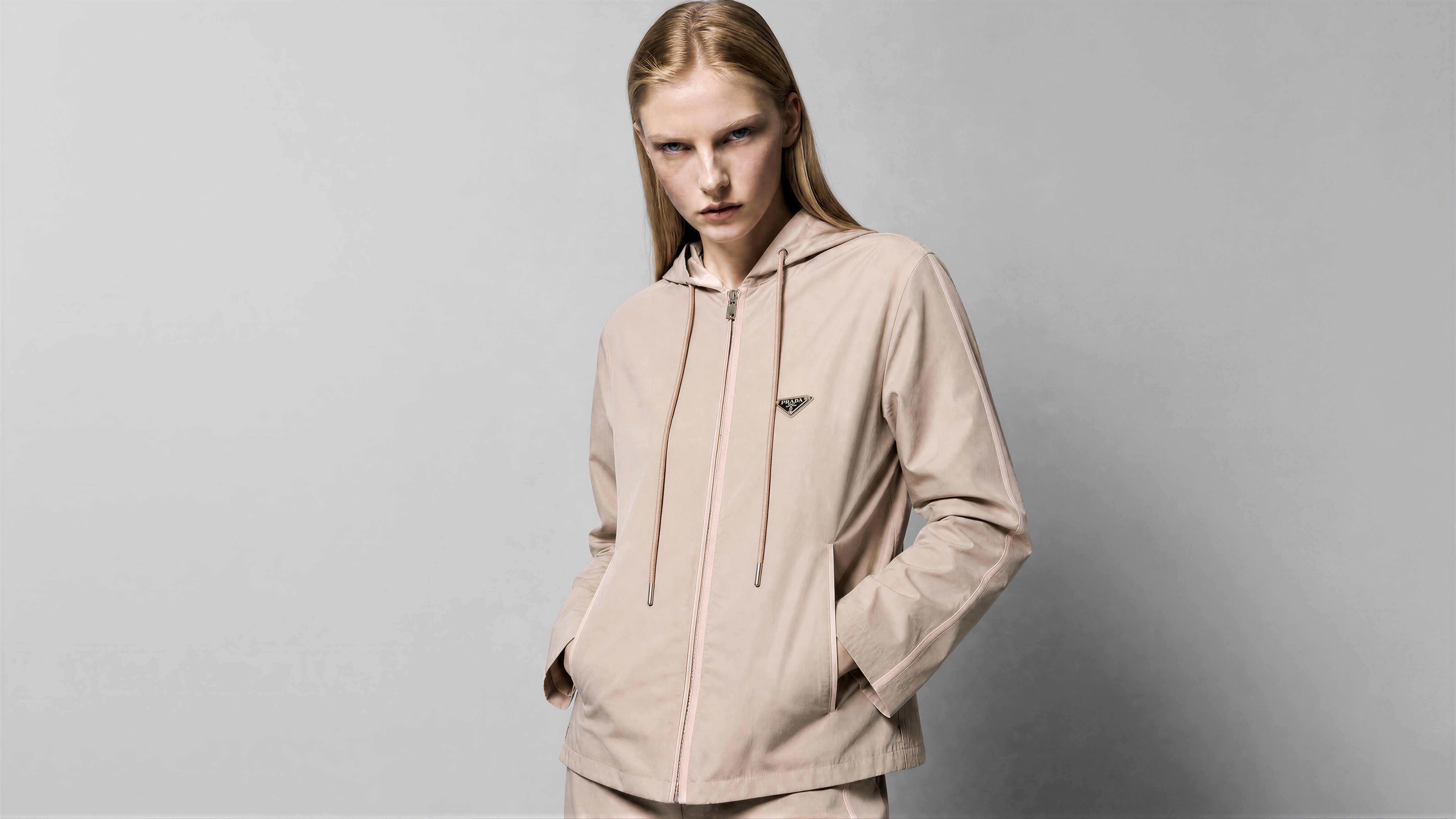 SOFT BLUSH PINK / WARM BEIGE TRENCH CASUAL HOODED JACKET