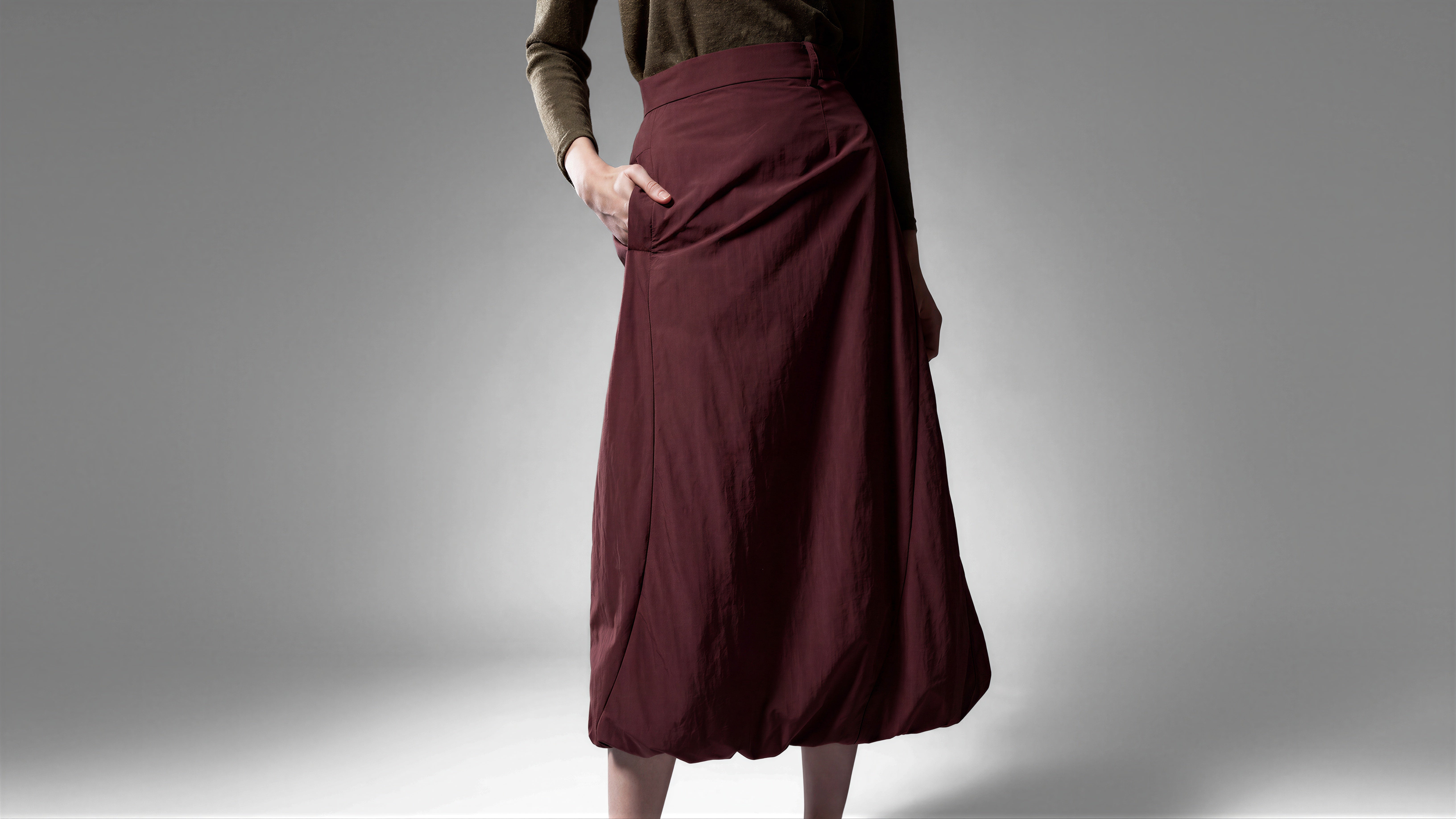MISTY MIDNIGHT BLUE / DEEP ROSE RED CASUAL TRENCH BUBBLE-HEM LONG SKIRT