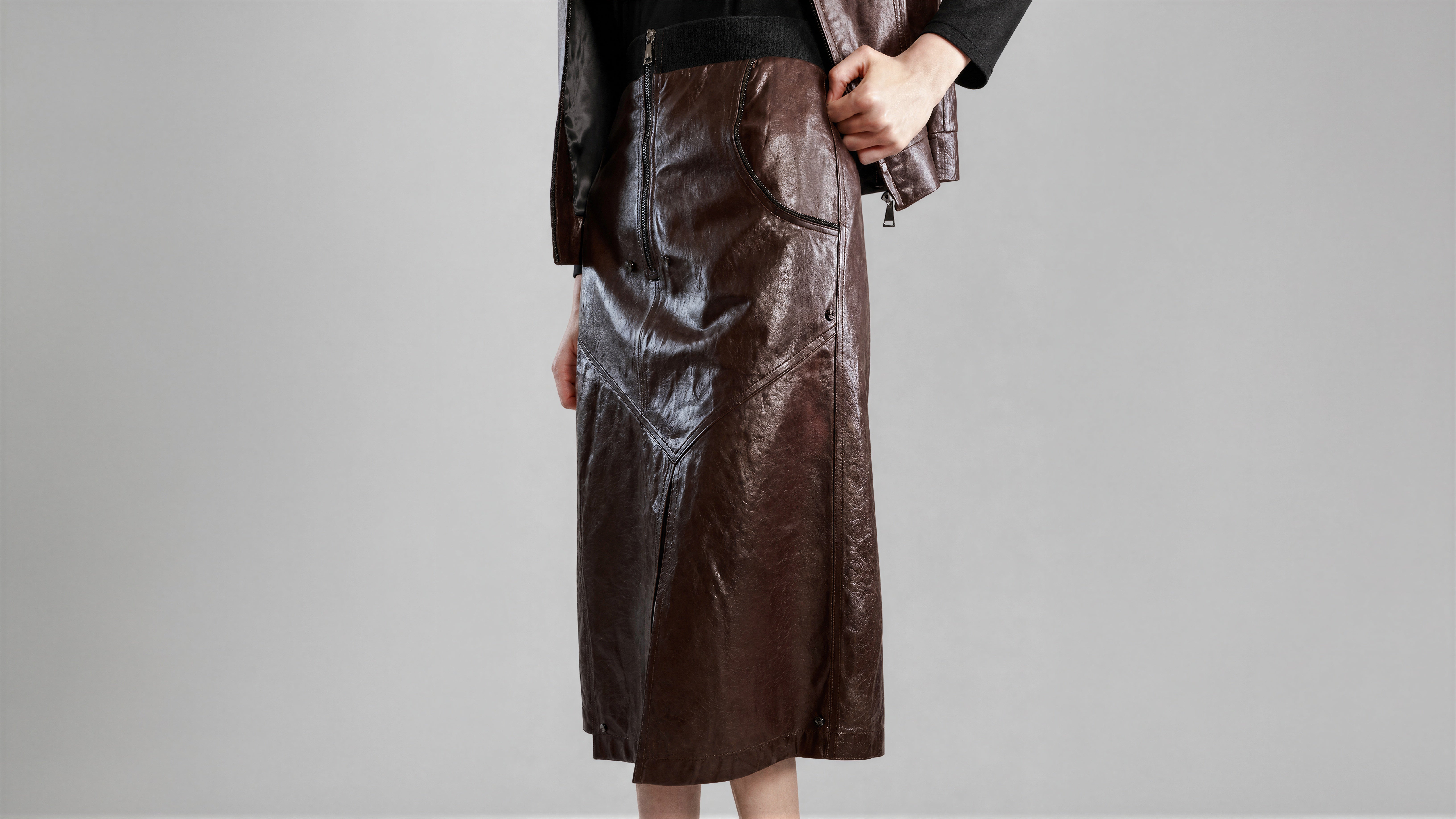 CLASSIC BLACK / DARK CHOCOLATE BROWN LEATHER A-LINE MAXI SKIRT