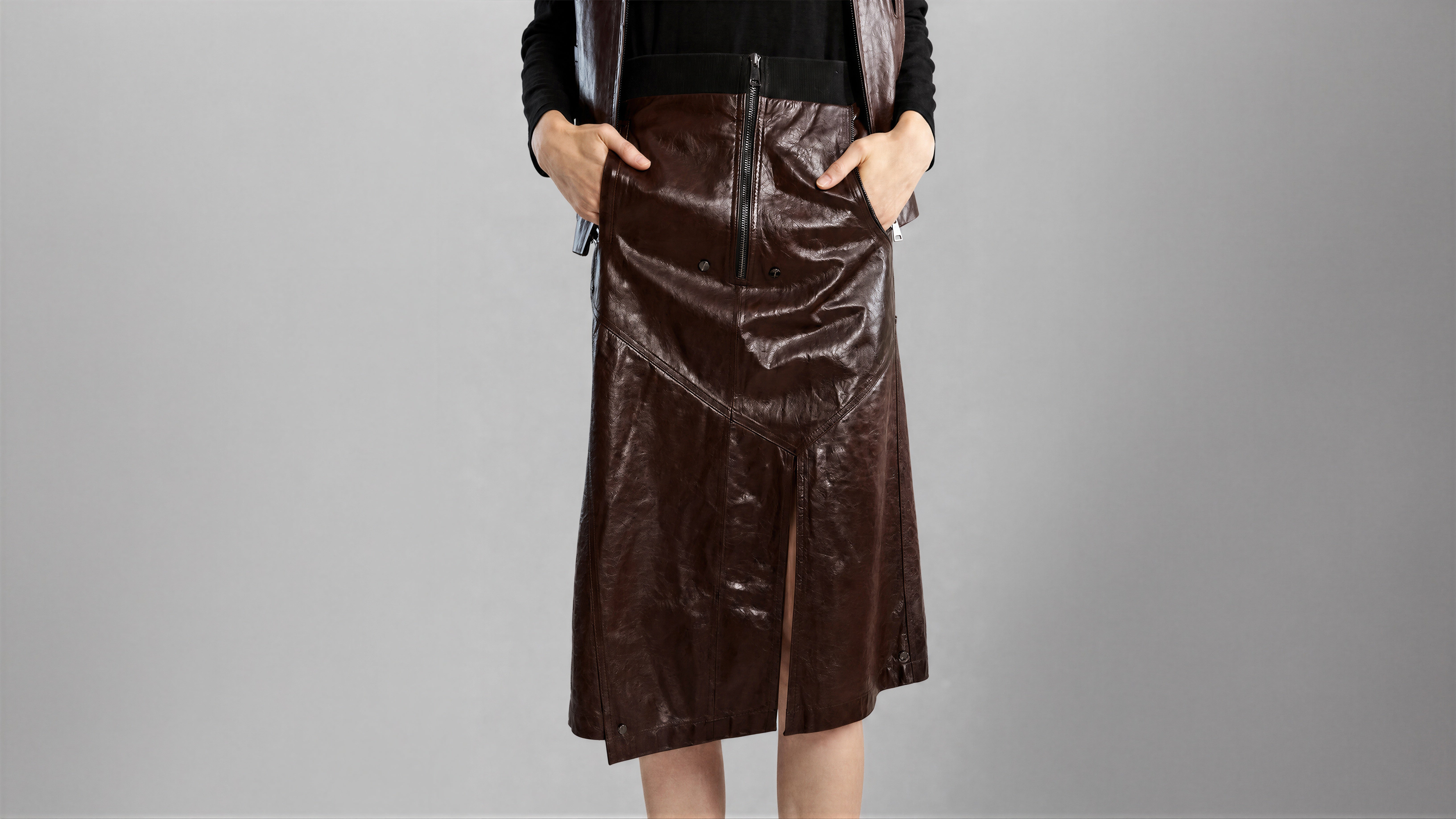 CLASSIC BLACK / DARK CHOCOLATE BROWN LEATHER A-LINE MAXI SKIRT