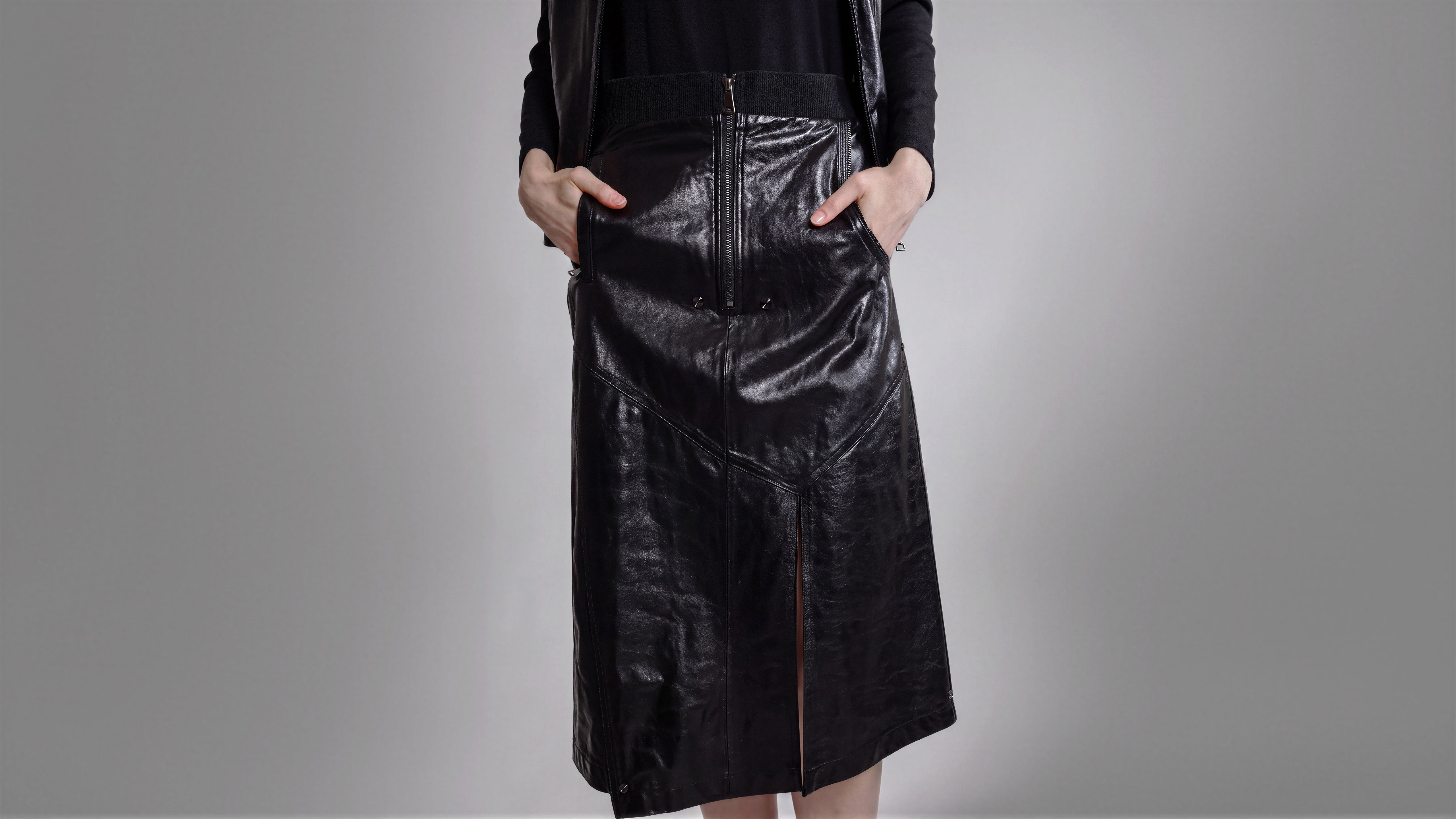 CLASSIC BLACK / DARK CHOCOLATE BROWN LEATHER A-LINE MAXI SKIRT