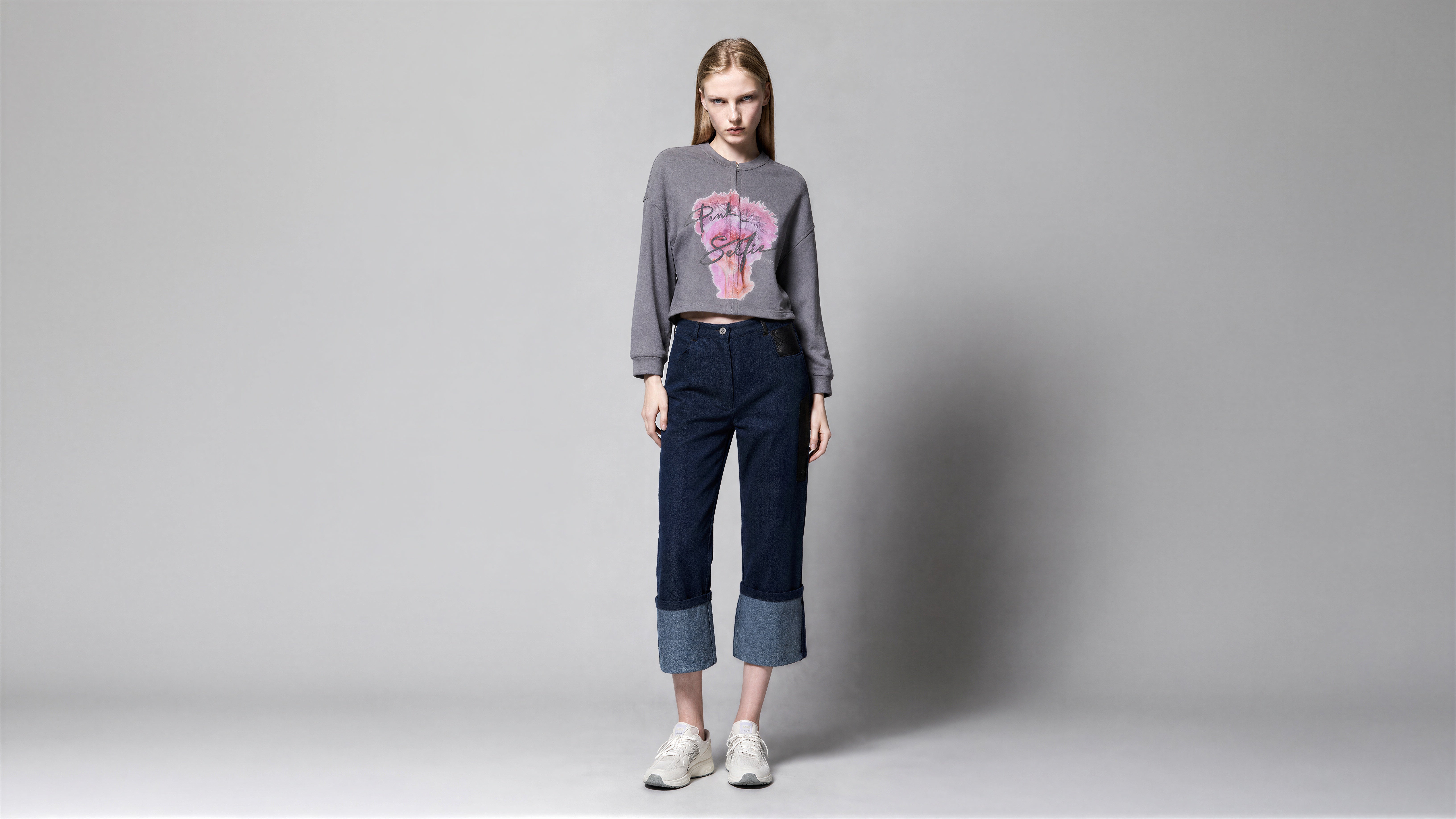 COOL STONE GREY / NAVY BLUE CROPPED BUTTON-FRONT CARDIGAN JACKET