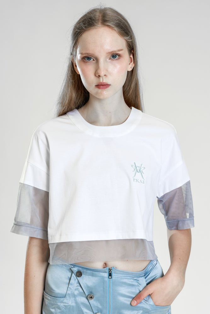 
                  
                    WHITE COTTON PANELING WITH PINK SKIN / LIGHT BLUE MESH THREE-QUARTER CROPPED TEE
                  
                