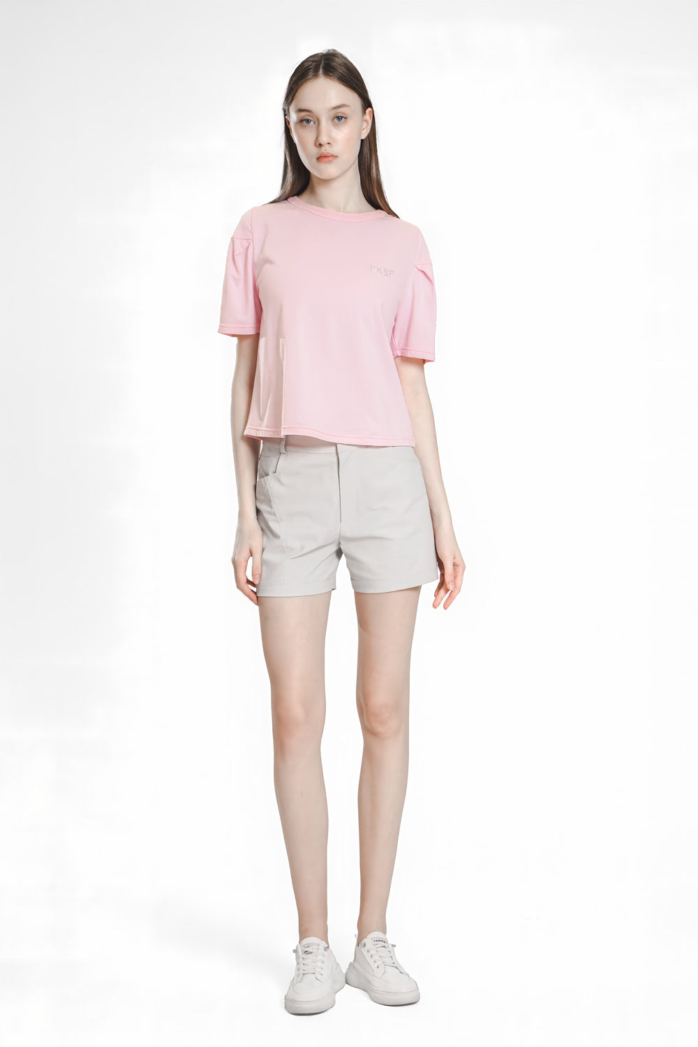 MISTY DEW GRAY/BALLETS PINK PLEATED SLEEVE T-SHIRT