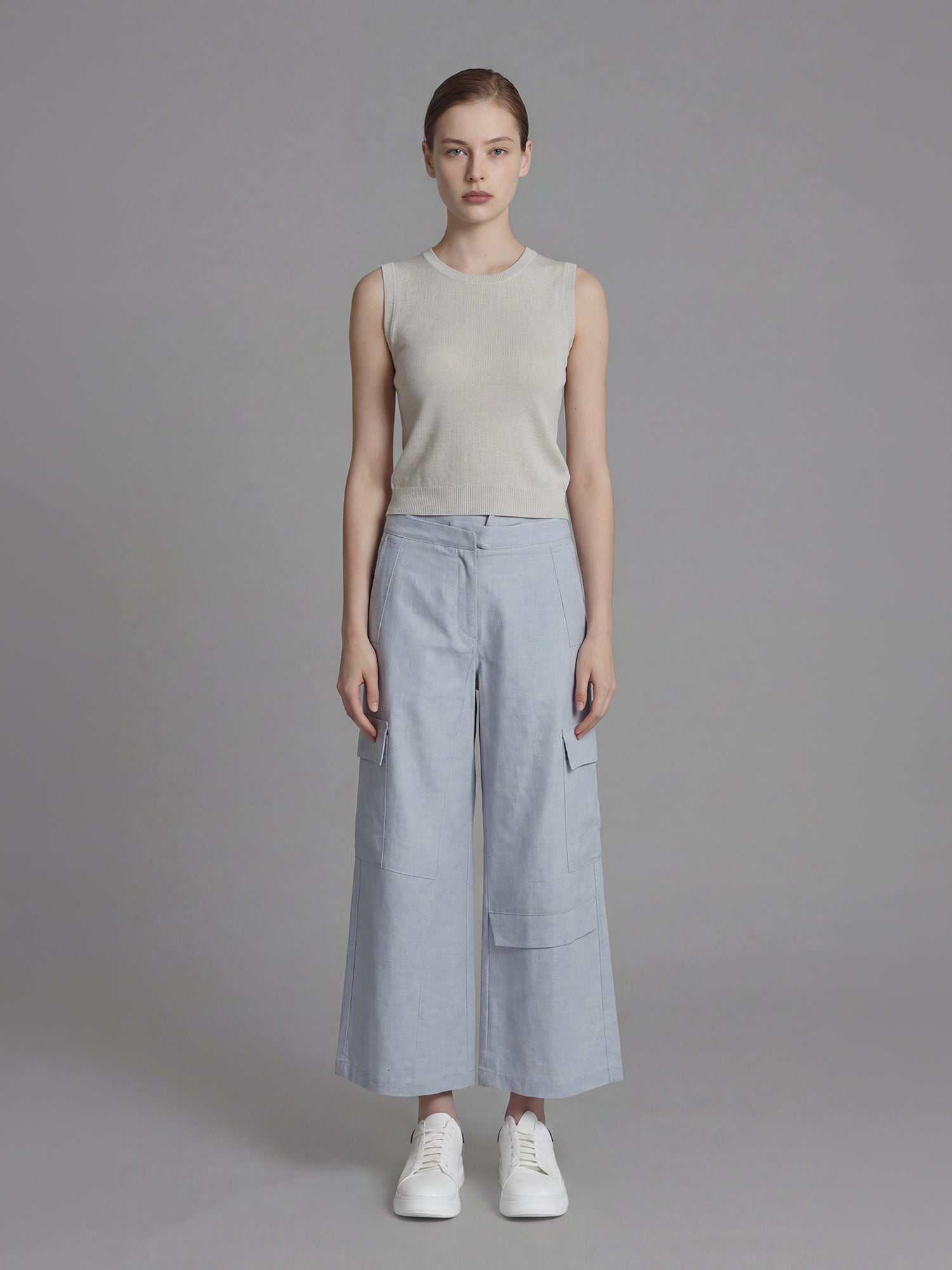 ICY SKY BLUE DOUBLE-WAIST DENIM WIDE-LEG PANTS