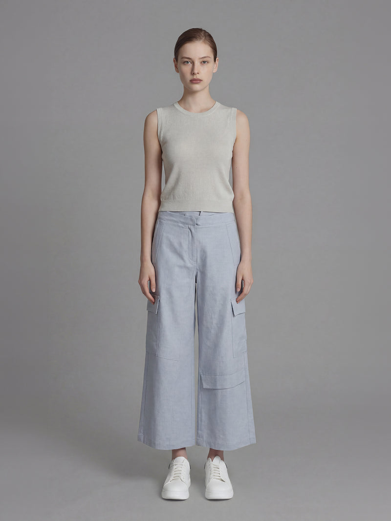 ICY SKY BLUE DOUBLE-WAIST DENIM WIDE-LEG PANTS