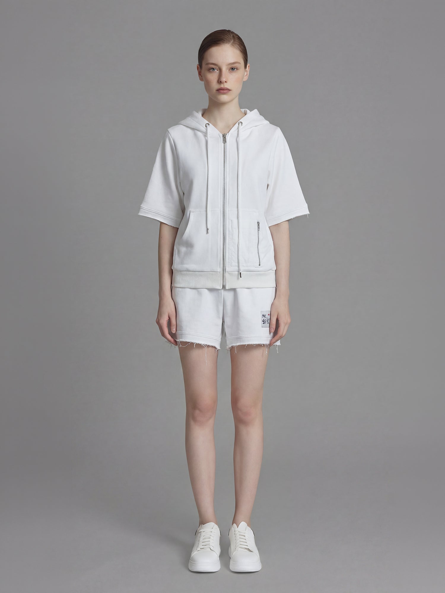 STARRY WHITE / MIDNIGHT BLUE RELAXED-FIT HOODED JACKET WITH ELBOW-LENGTH SLEEVES