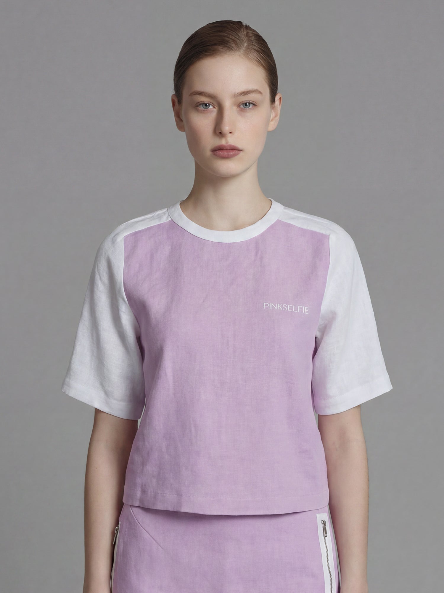 SAPPHIRE BLUE/MISTY ORCHID PINK LINEN COLOR-BLOCK TOP