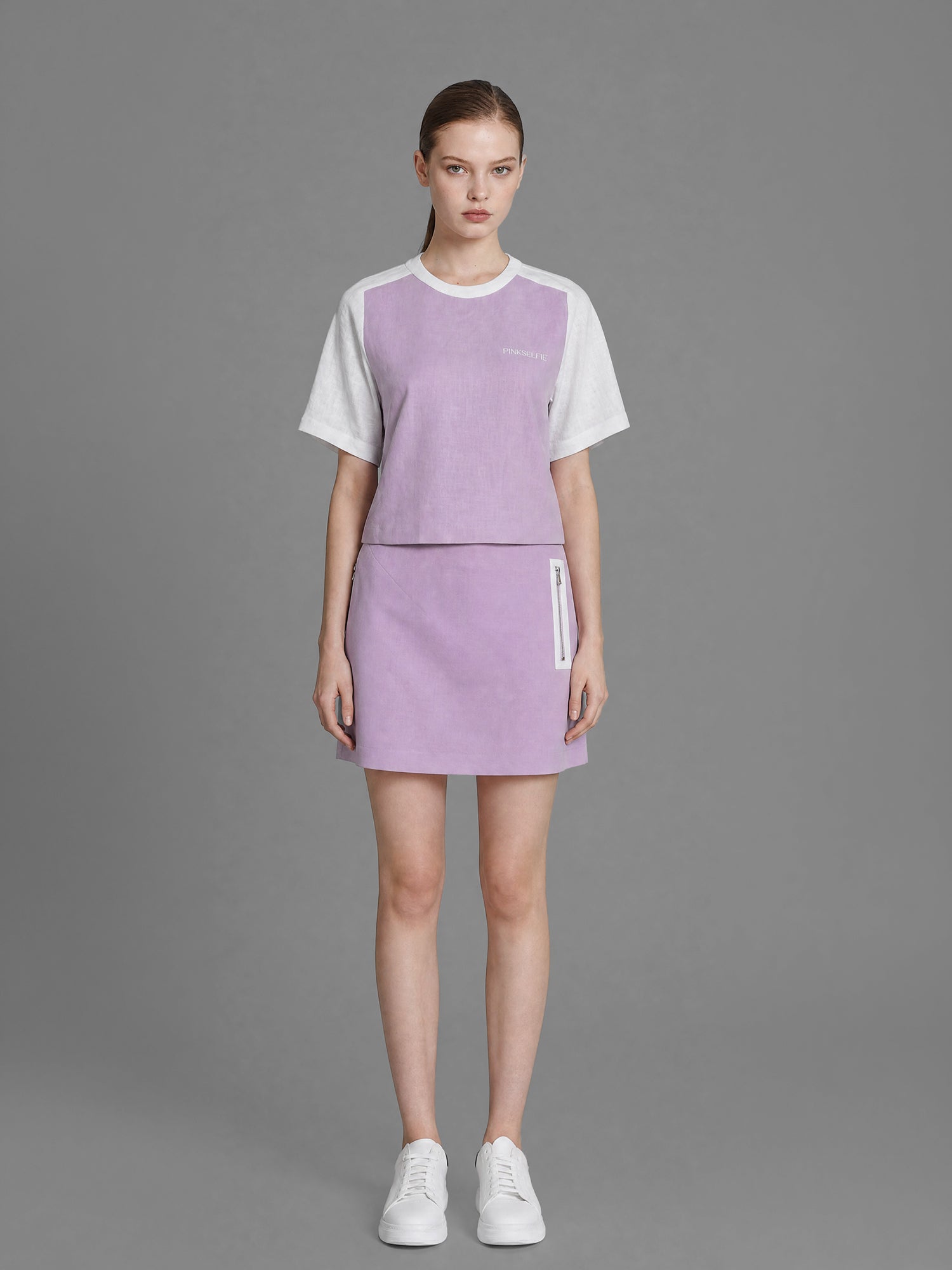 SAPPHIRE BLUE/MISTY ORCHID PINK LINEN COLOR-BLOCK TOP