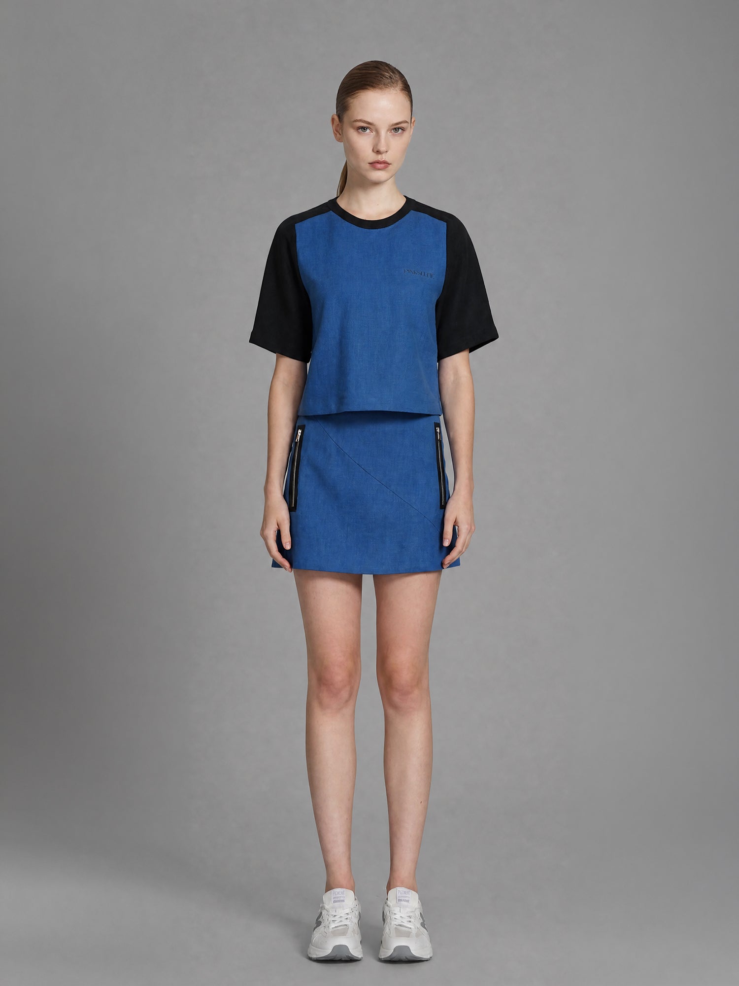 SAPPHIRE BLUE/MISTY ORCHID PINK LINEN A-LINE MINI SKIRT