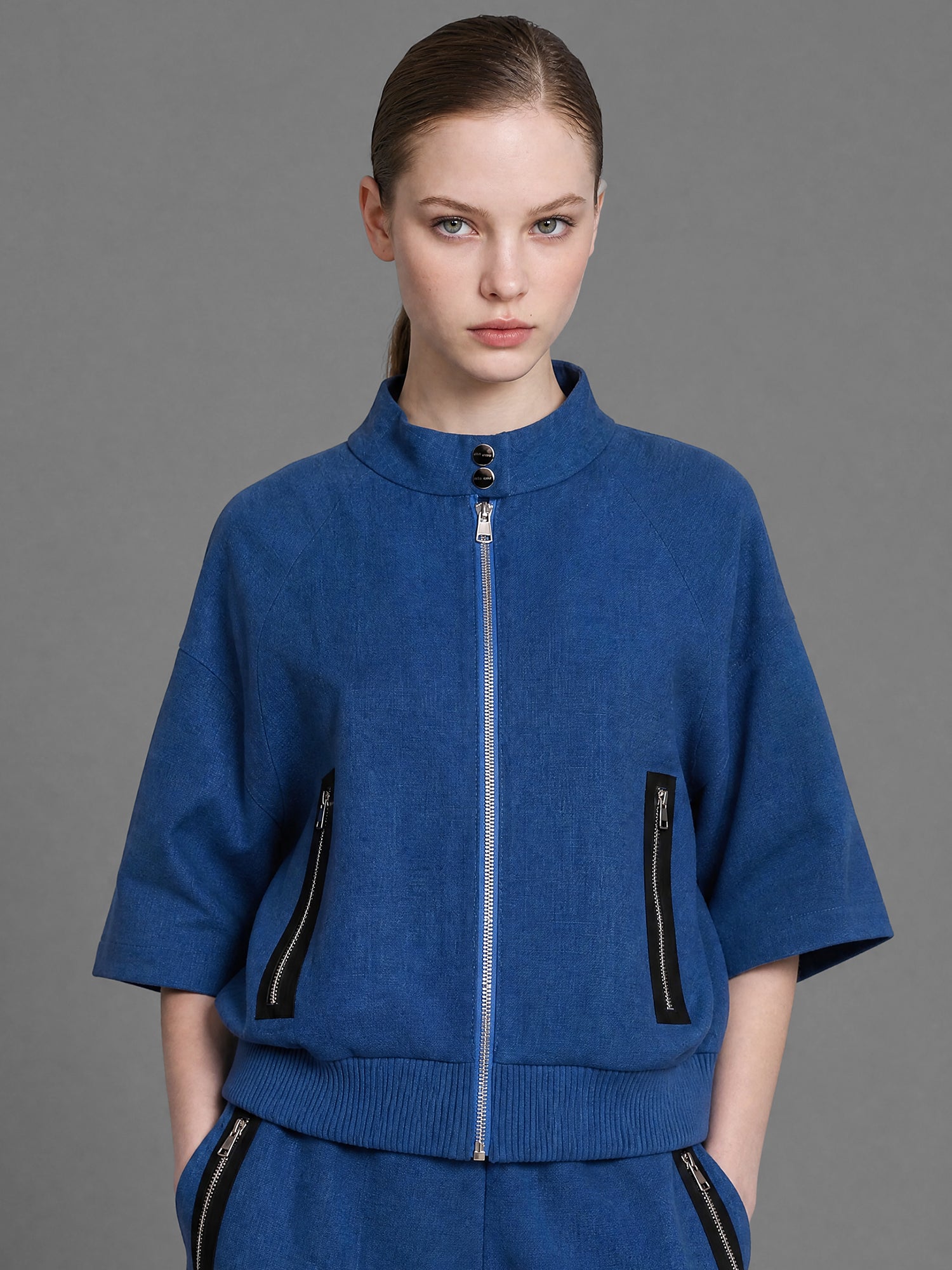 SAPPHIRE BLUE/MISTY ORCHID PINK LINEN CASUAL LOOSE-FIT HALF-SLEEVE JACKET