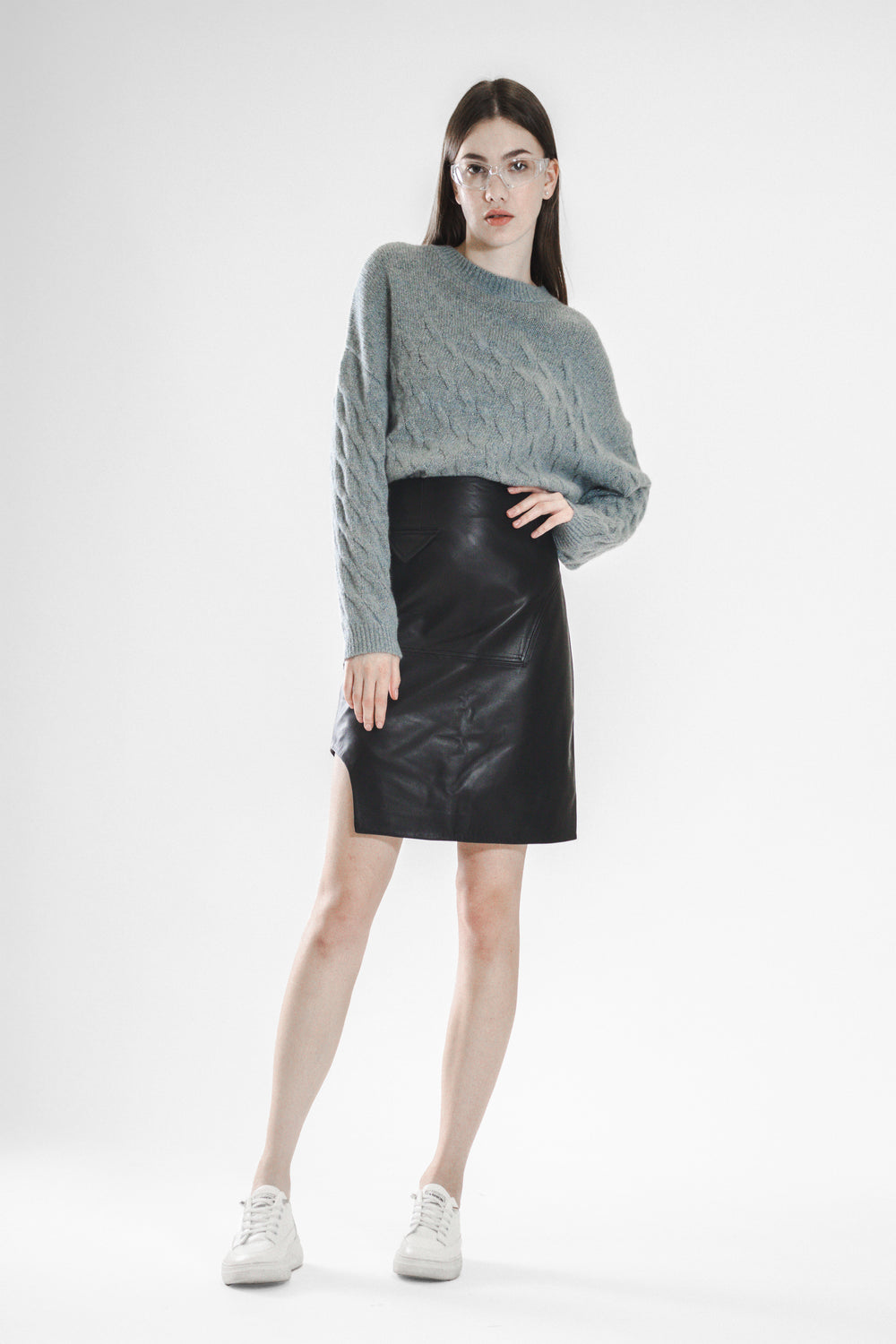 OBSIDIAN FUTURISTIC GENUINE LEATHER MID-LENGTH SKIRT