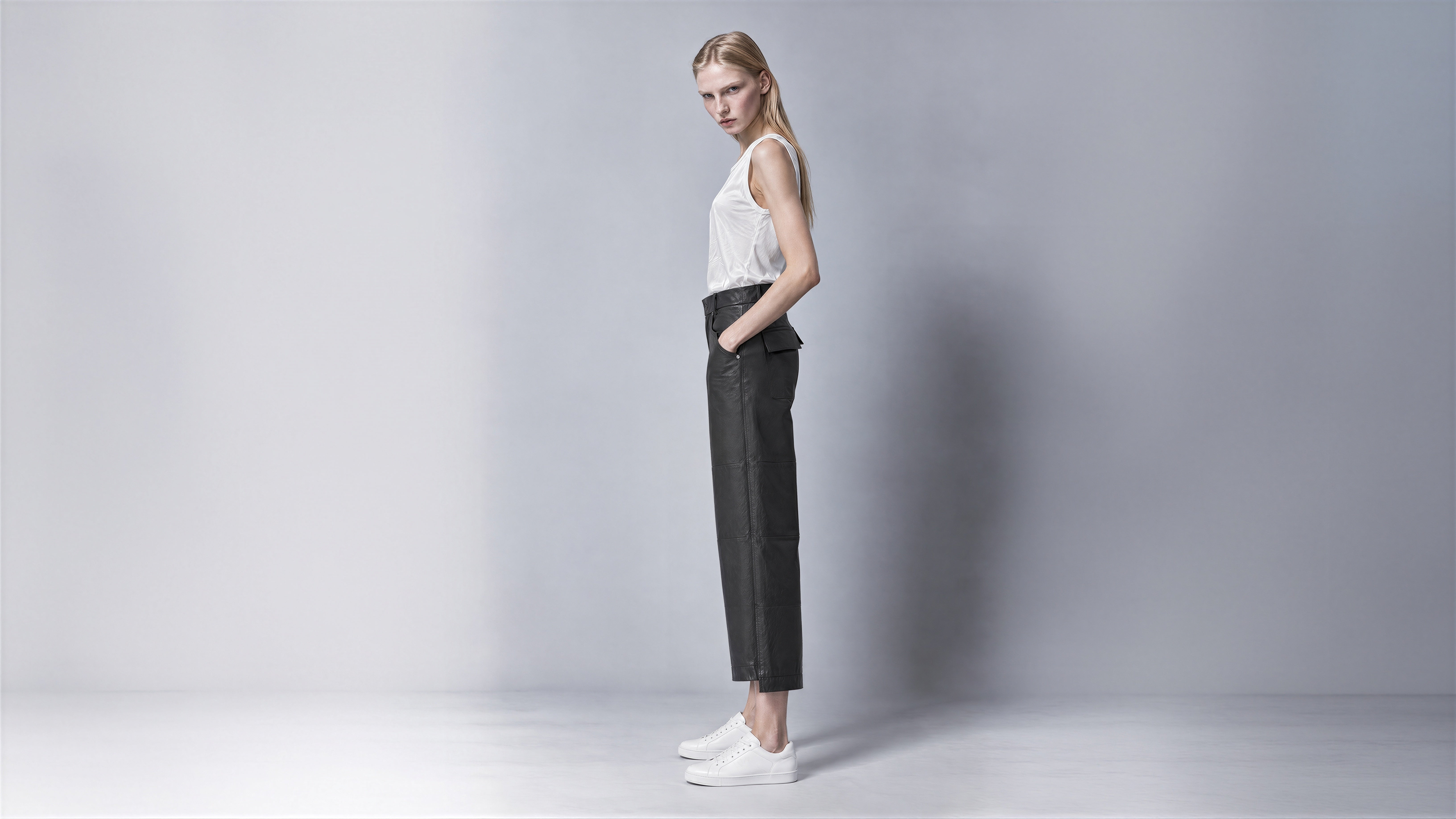 CHARCOAL GREY LEATHER WIDE-LEG CULOTTES