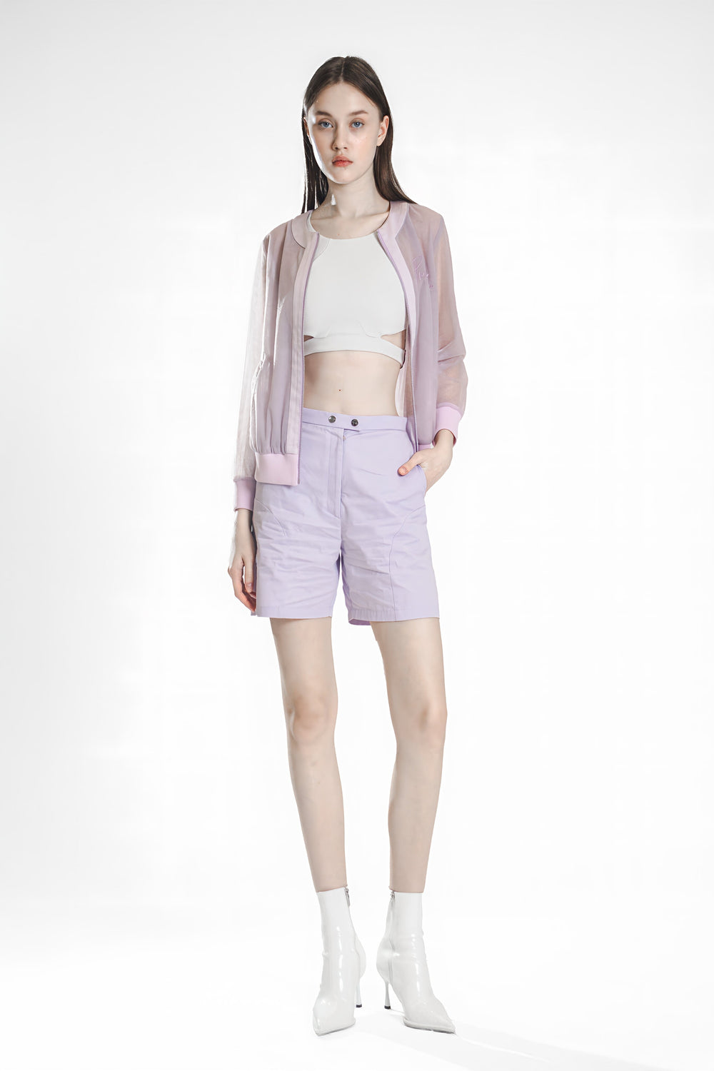 PEACHY ROSY BEIGE / ICE PURPLE CURVED SEAM SHORTS