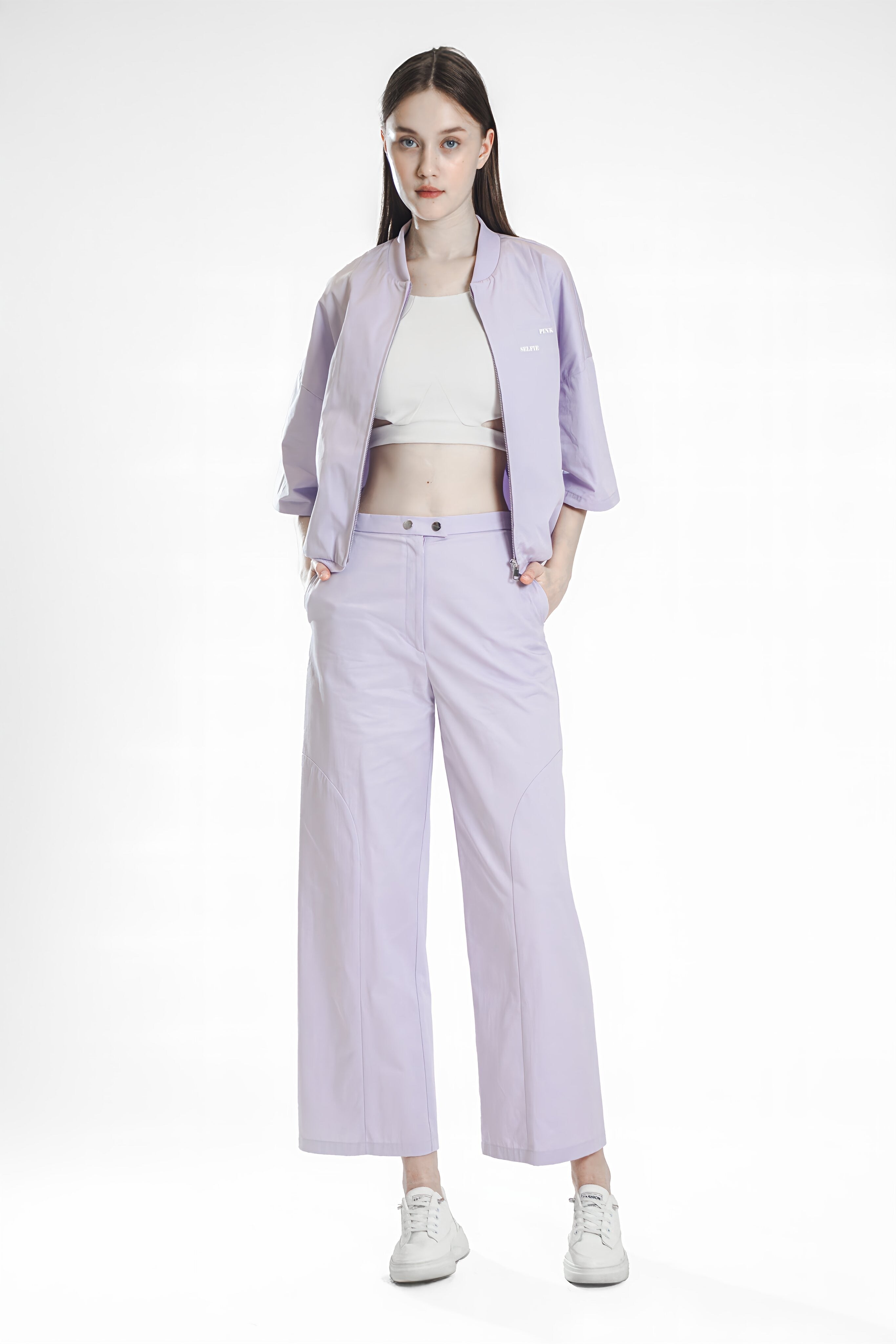 PEACHY ROSY BEIGE / ICE PURPLE CURVED SEAM STRAIGHT-LEG PANTS