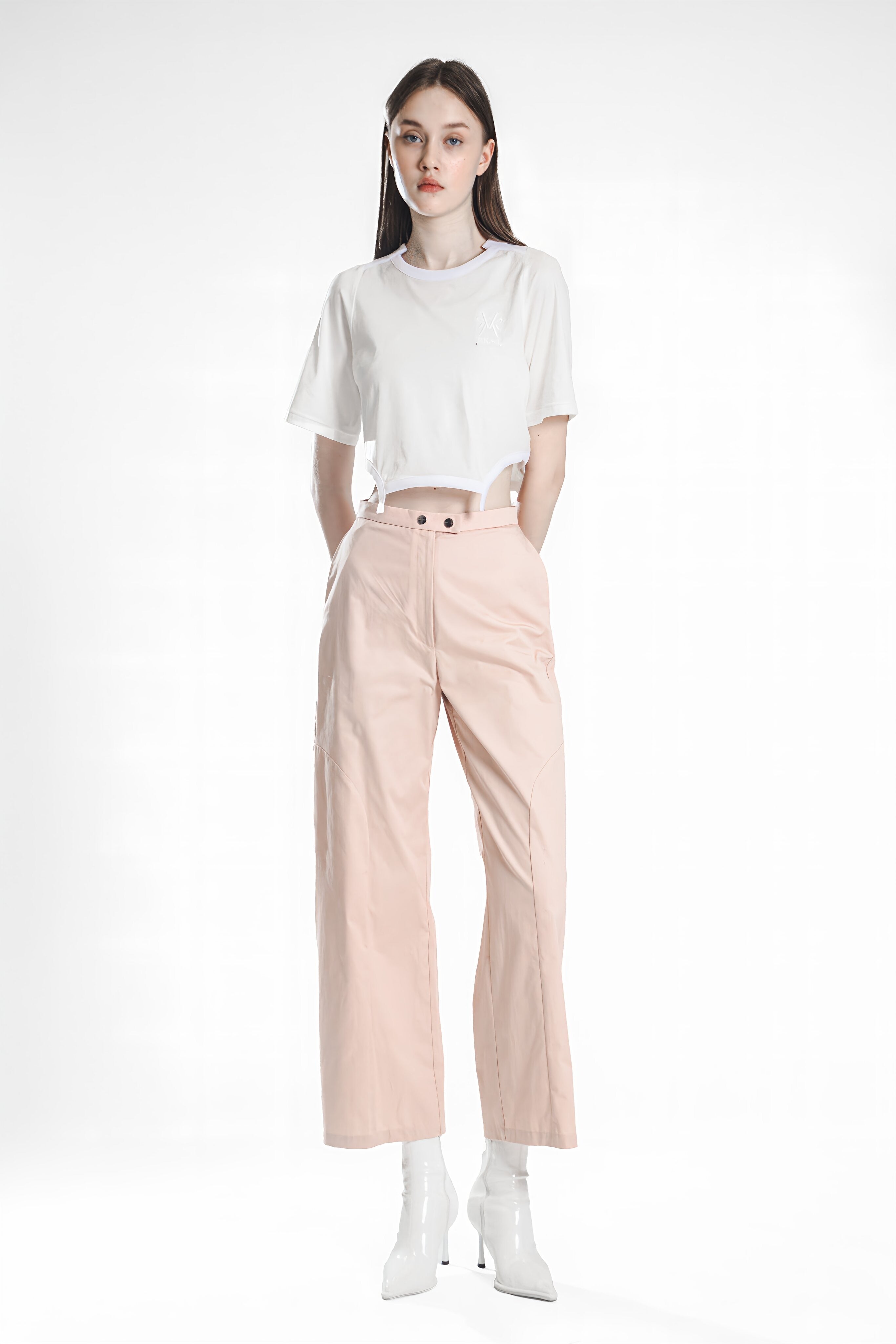 PEACHY ROSY BEIGE / ICE PURPLE CURVED SEAM STRAIGHT-LEG PANTS