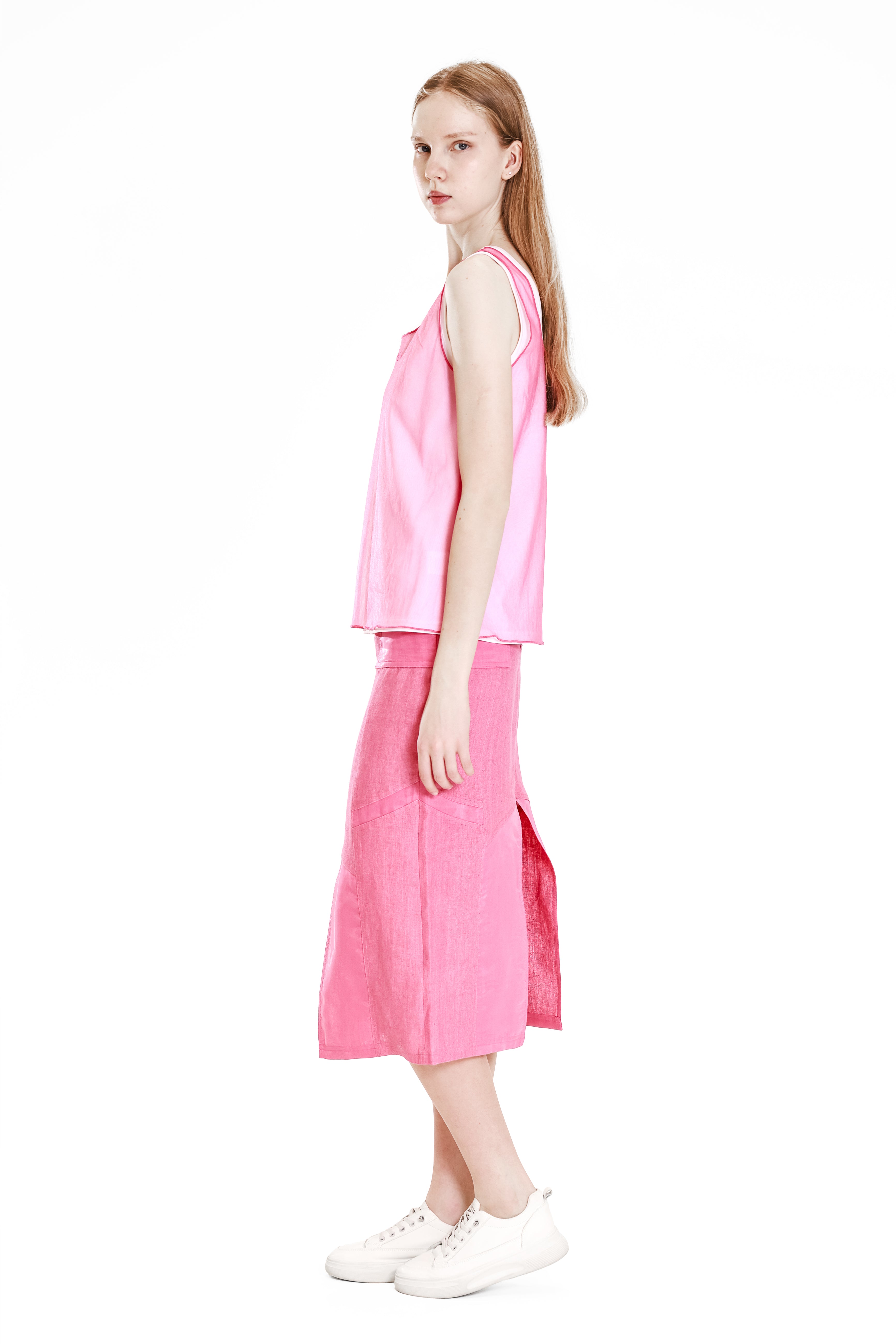 PEACH/BLACK MESH PANEL COTTON TANK TOP